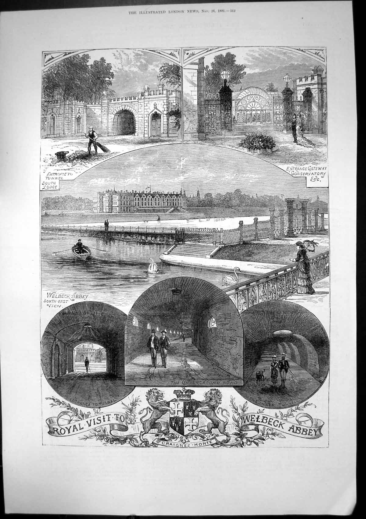 Antique Old Print Royal Visit Welbeck Abbey Entrance Gateway Conservatory1881