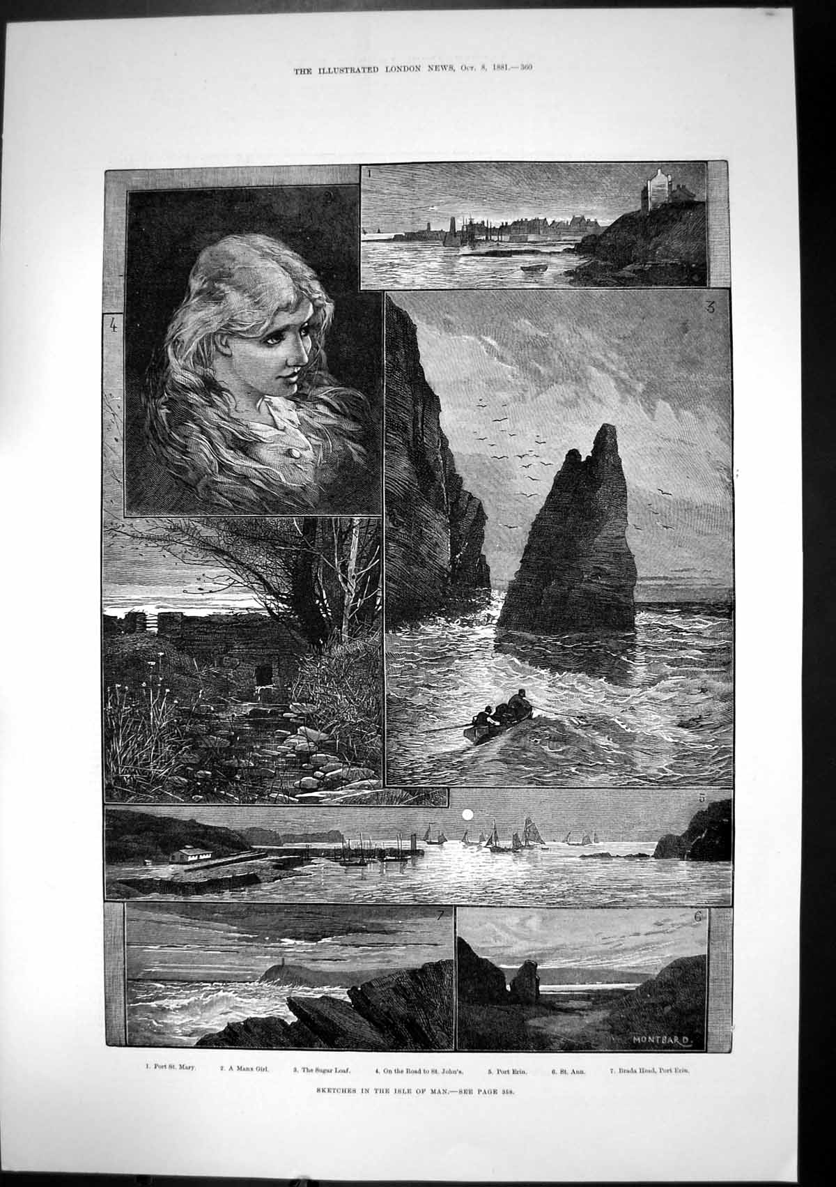 Old Print Isle Man Port St Mary Manx Girl Port Erin St Ann St Johns 1881 19th