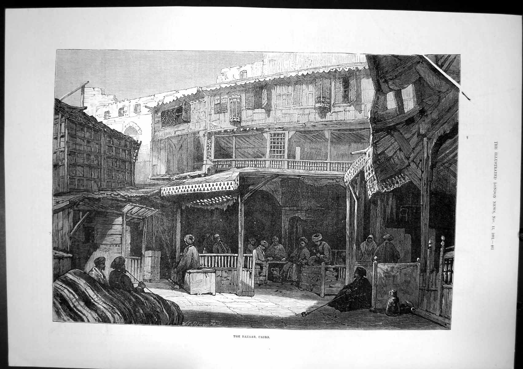 Old Antique Print Bazaar Cairo Arabs Resting Smoking Jugs Courtyard 1881 19th