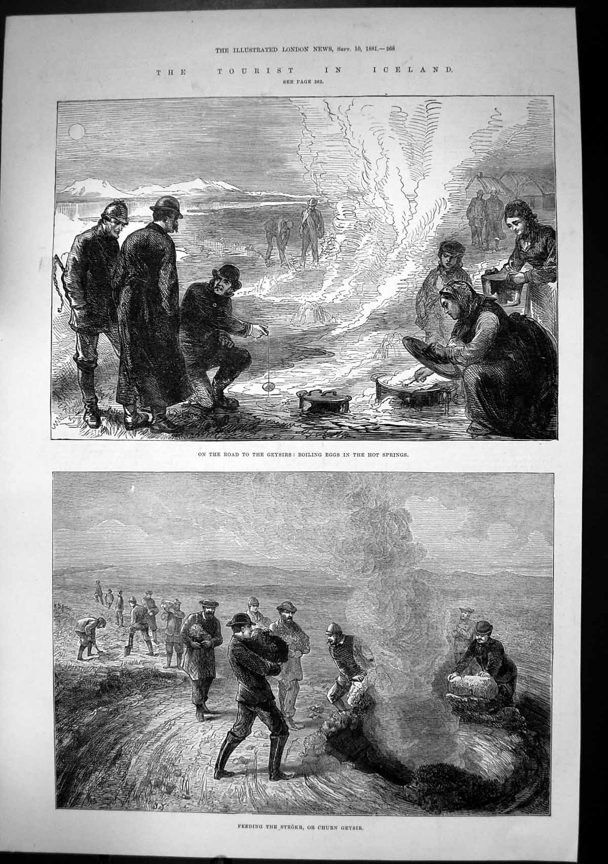 Antique Old Print Iceland Boiling Eggs Hot Springs Feeding Churn Geysir 1881