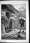 Antique Old Print Tourist Switzerland Mountain Hut Walking Boots Sticks 1881