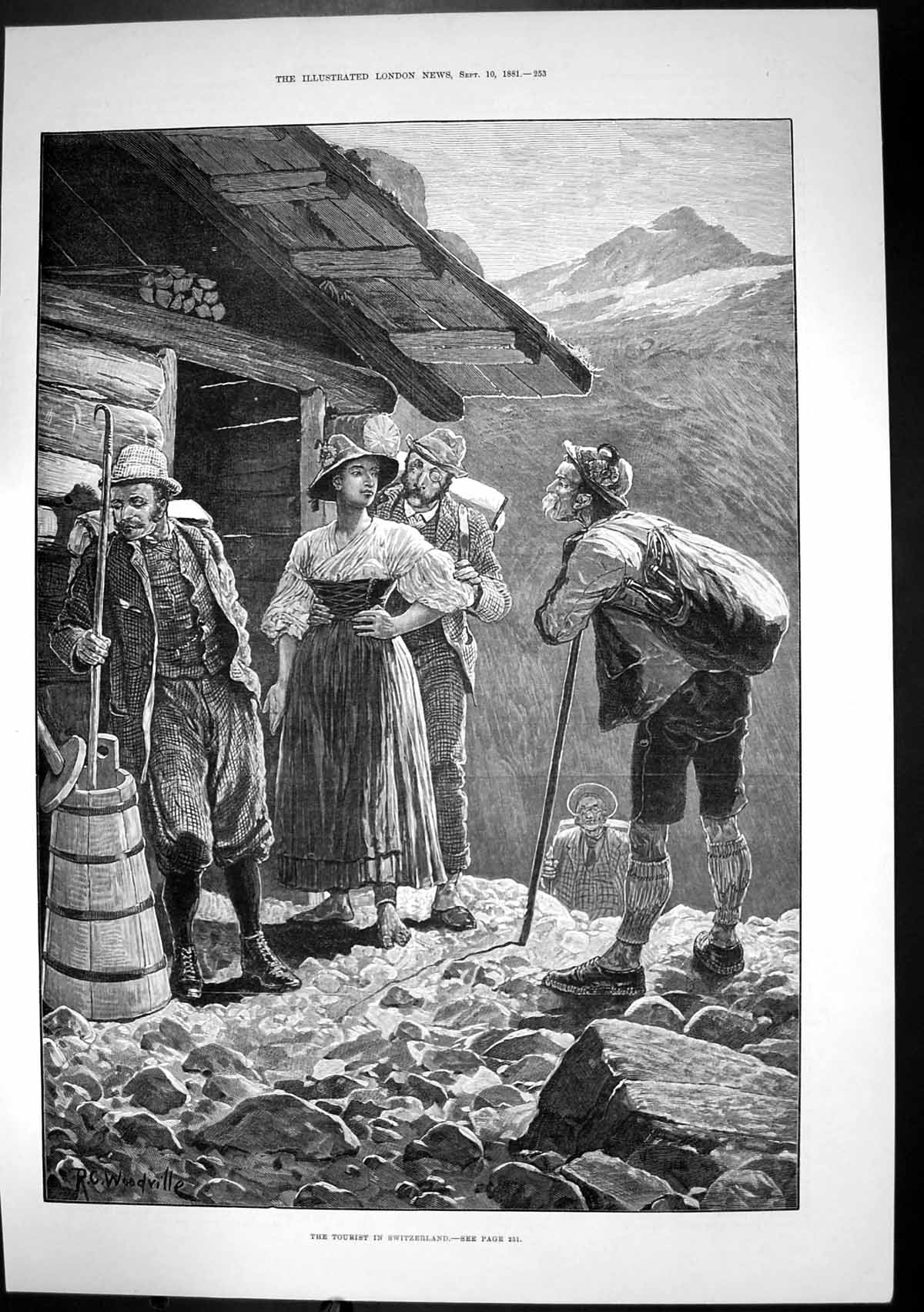 Antique Old Print Tourist Switzerland Mountain Hut Walking Boots Sticks 1881