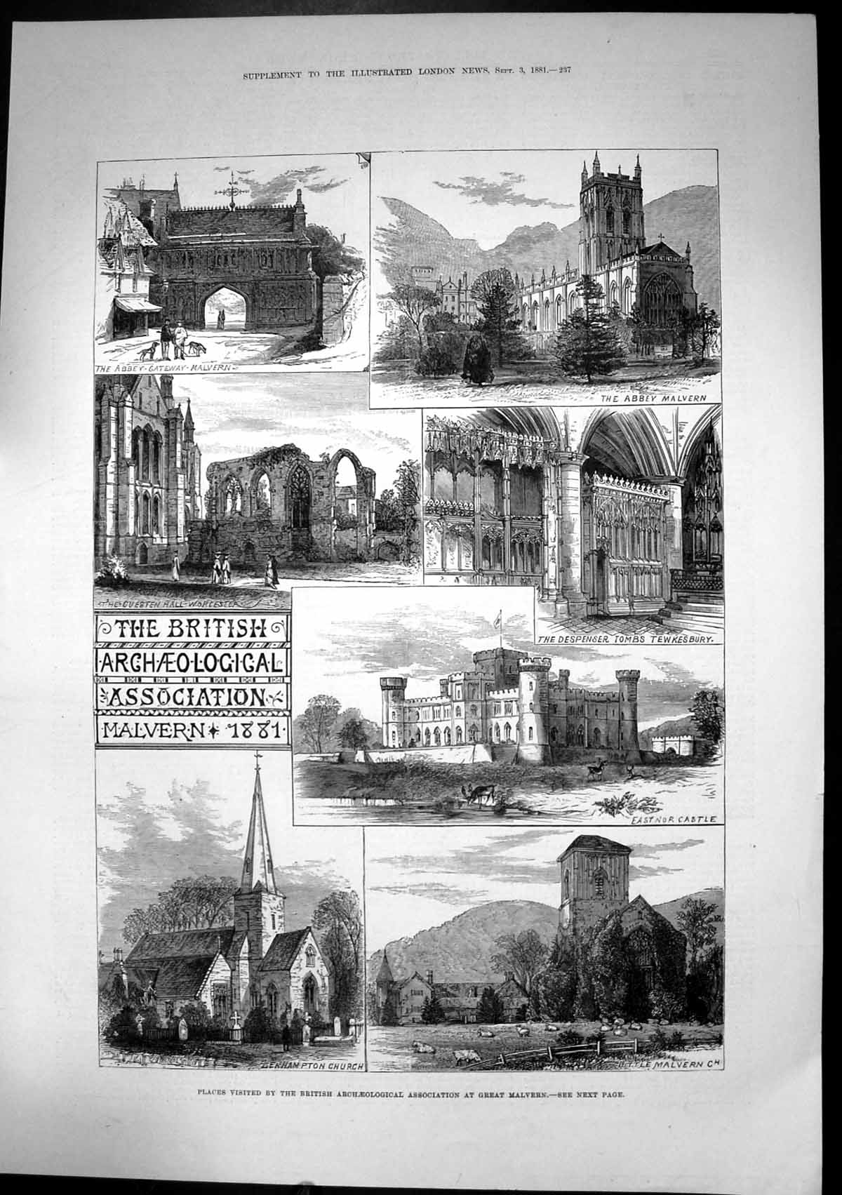 Old Antique Print Archaeological Assoc Great Malvern Eastnor Castle 1881 19th