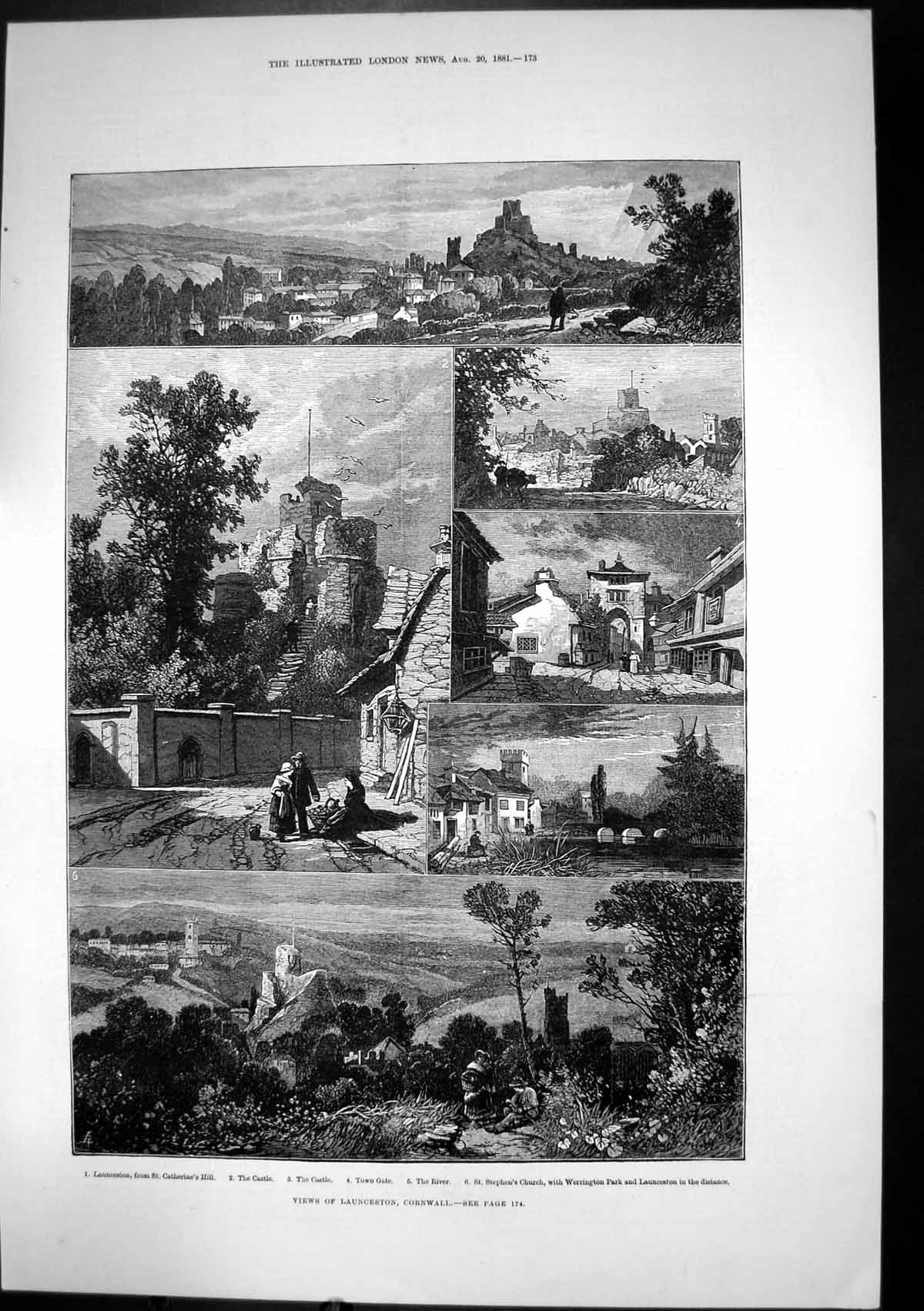 Old Antique Print Launceston Cornwall Castle Town Gate St Stephens 1881 19th