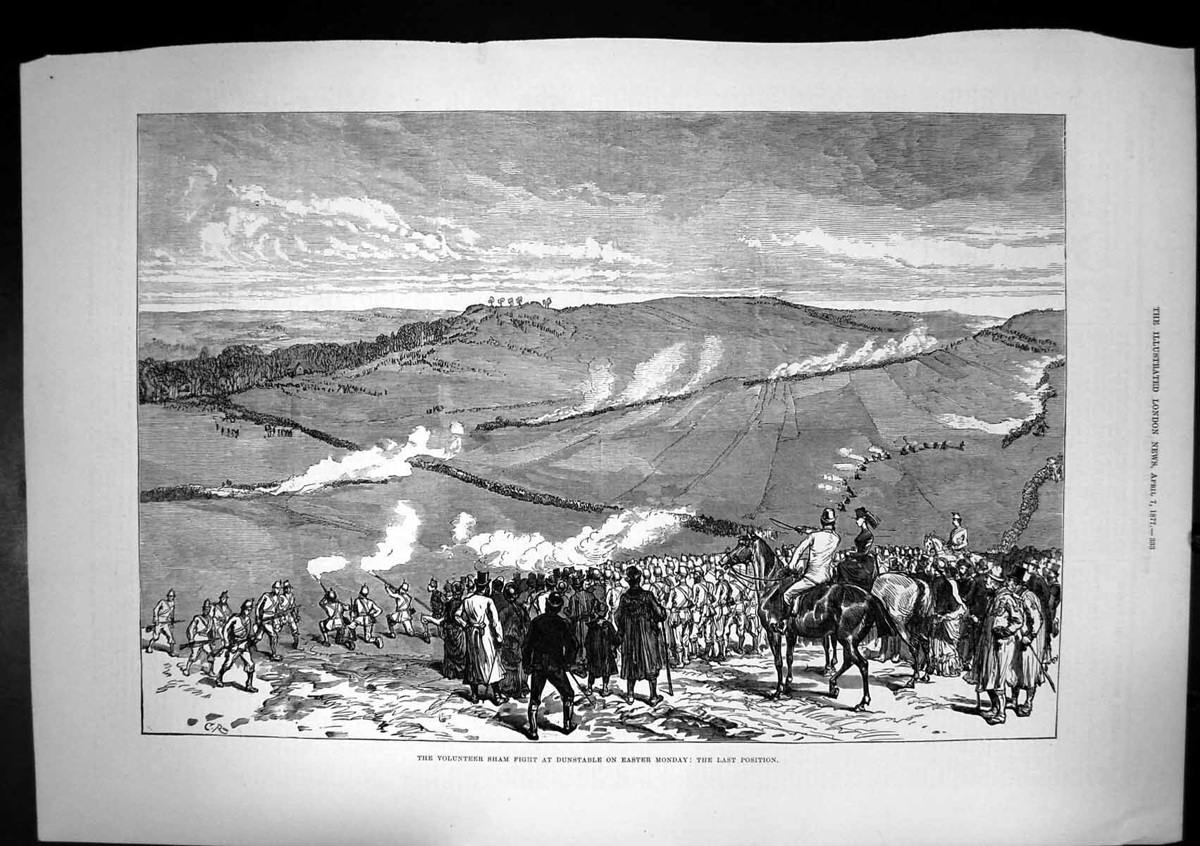 Original Old Antique Print Volunteer Sham Fight Dunstable Easter Monday 1877
