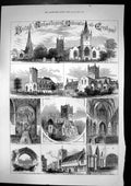 Antique Old Print Evesham Pershore Abbey Tewkesbury Abbey Deerhurst Ch 1875