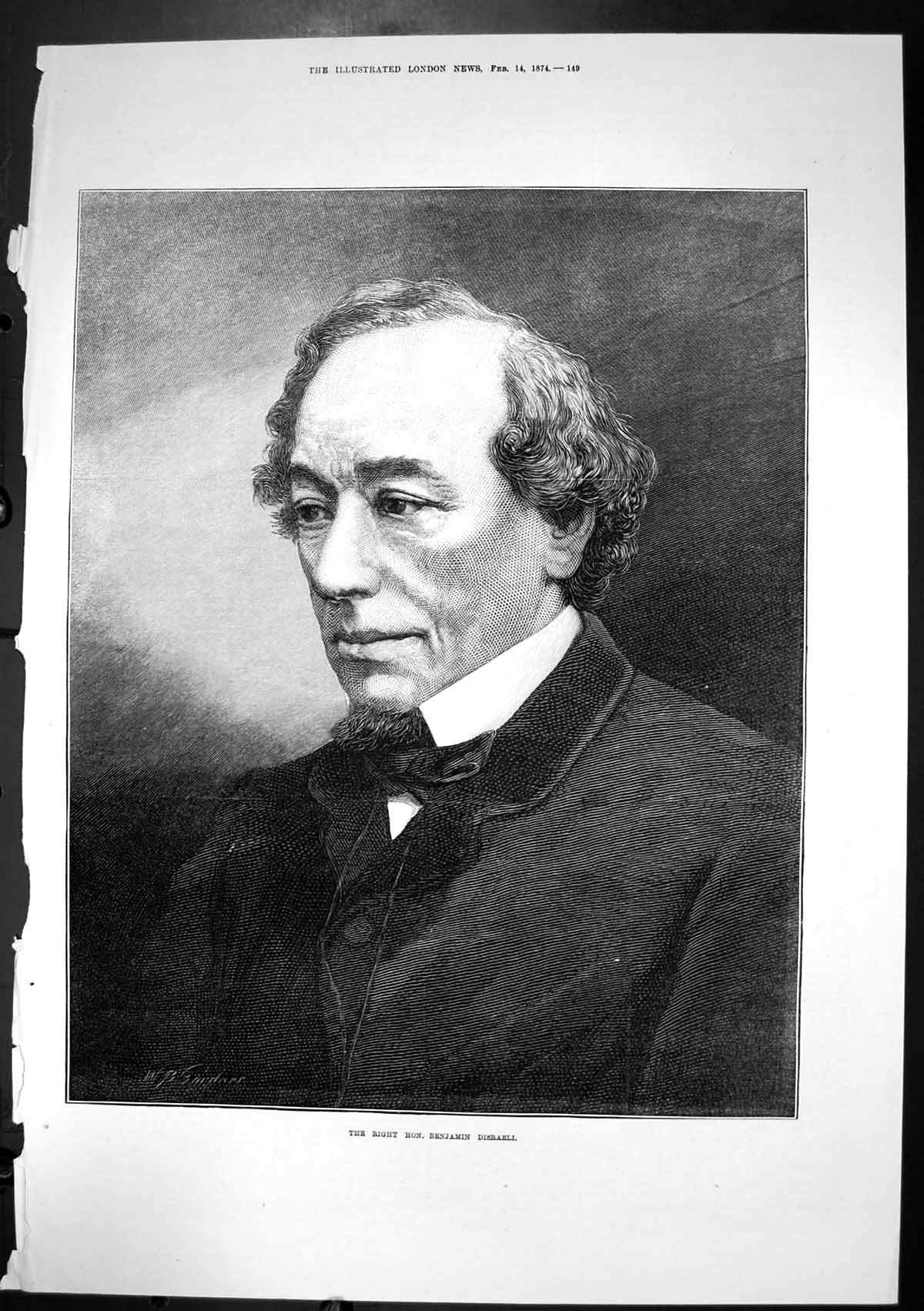 Original Old Antique Print Portrait Right Hon Benjamin Disraeli 1874 Victorian
