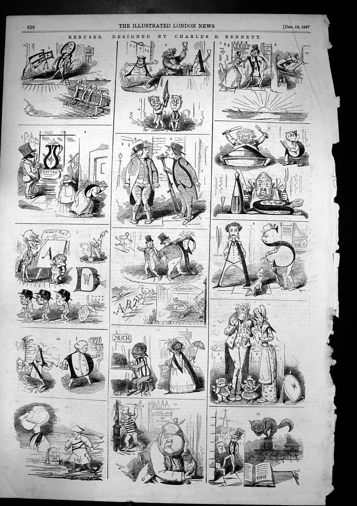 Original Old Antique Print Rebuses Designed Charles Bennett Cartoons 1857 19th