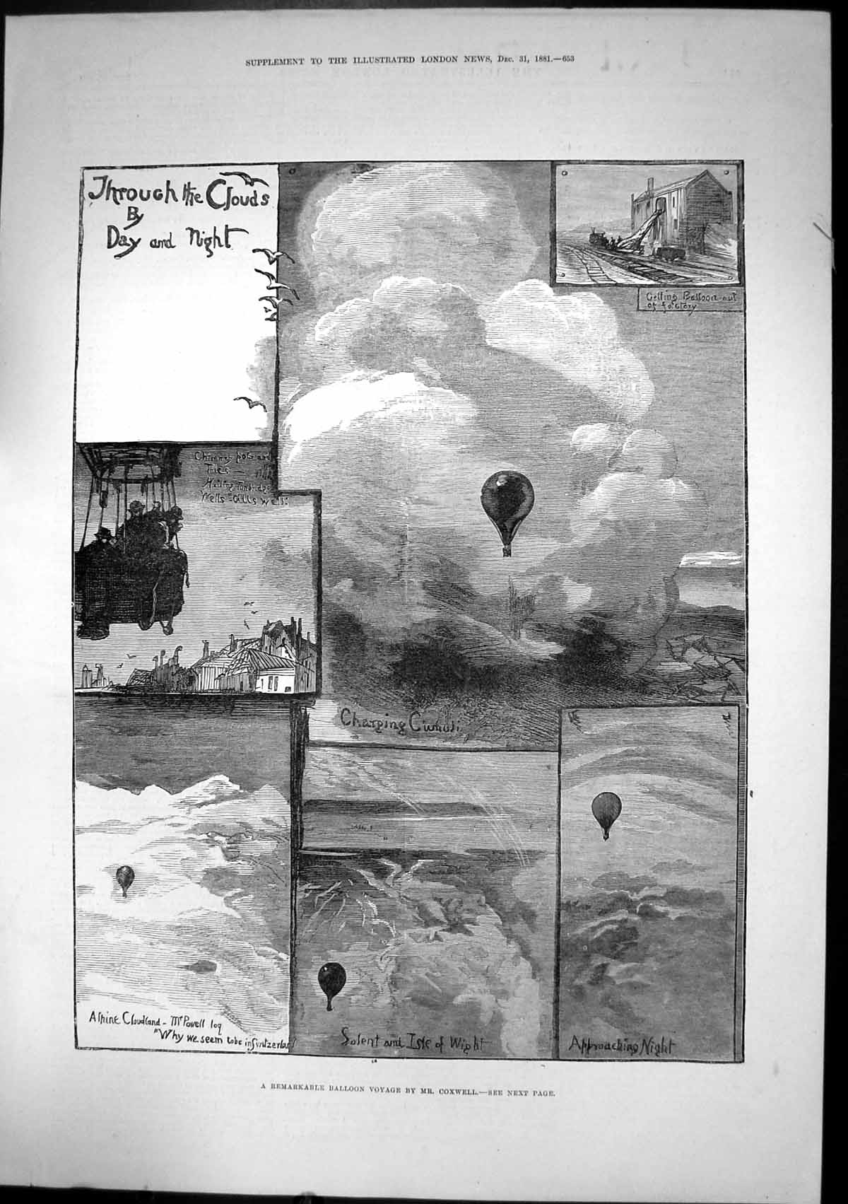 Old Antique Print Balloon Voyage Mr Coxwell Alpine Cloudland Solent1881 19th