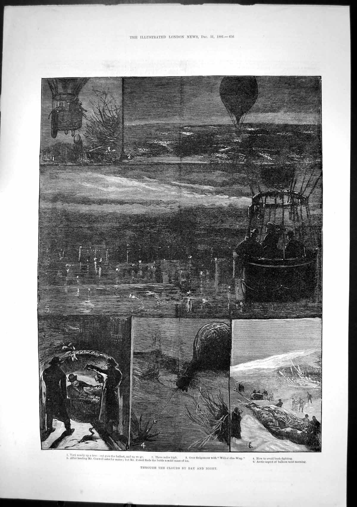 Old Antique Print Through Clouds Day Night Coxwell Balloon Sedgemoor 1881 19th