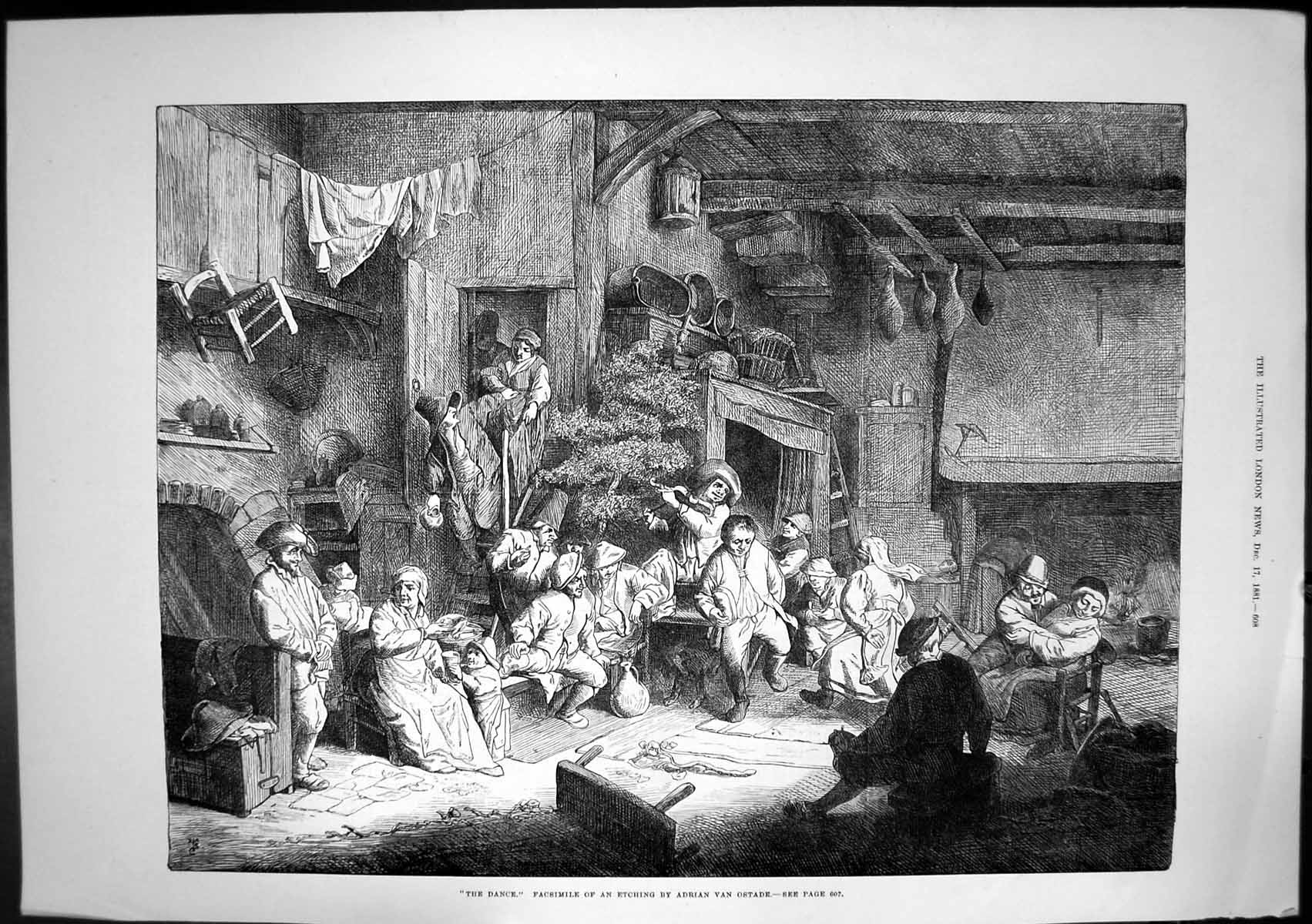 Original Old Antique Print The Dance Facsimile Etching Adrian Van Ostade 1881