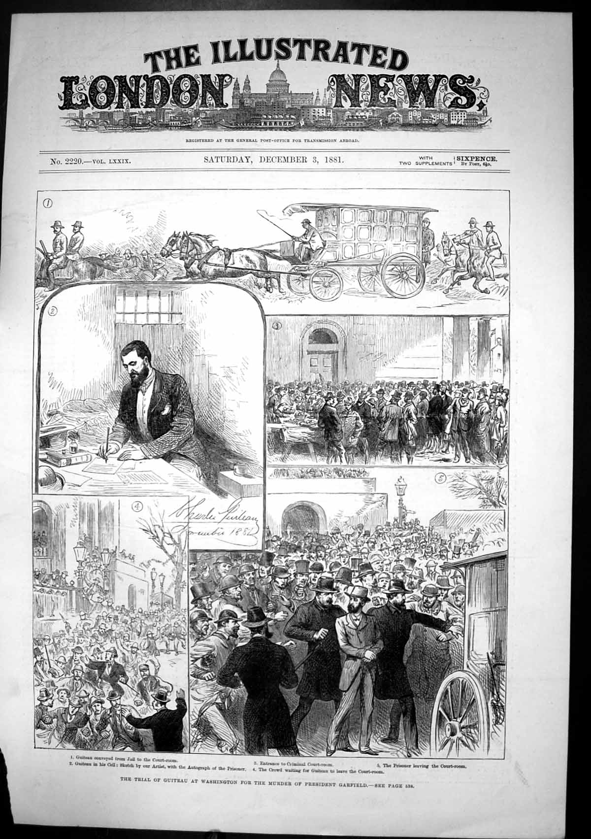 Old Antique Print Trial Guiteau Washington Murder President Garfield 1881 19th