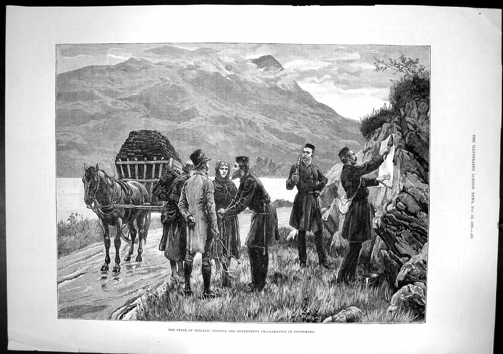 Old Antique Print Ireland Posting Government Proclomation Connemara 1881 19th