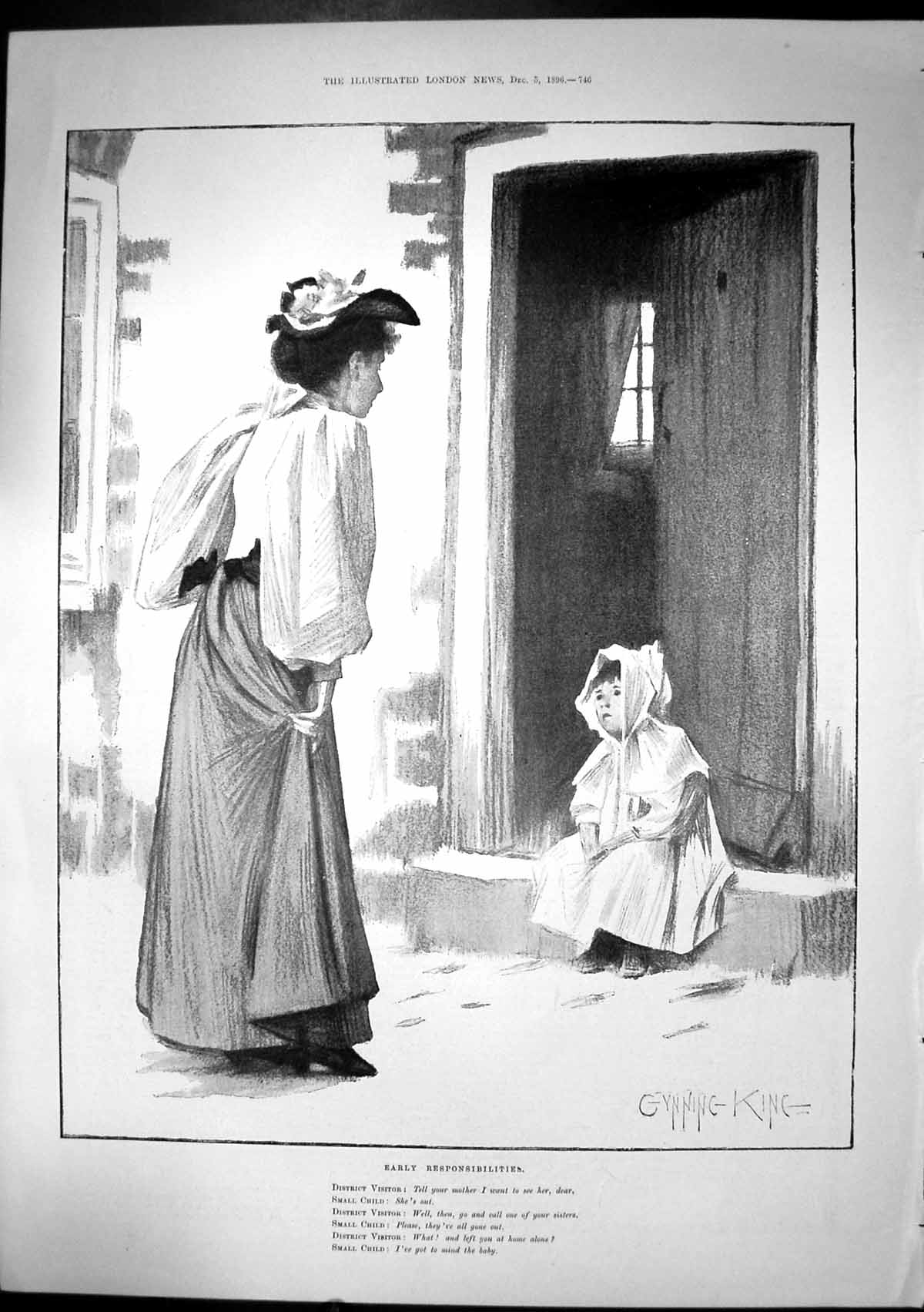 Antique Print Early Responsibilities Gynnine King Small Child Doorstep 1896