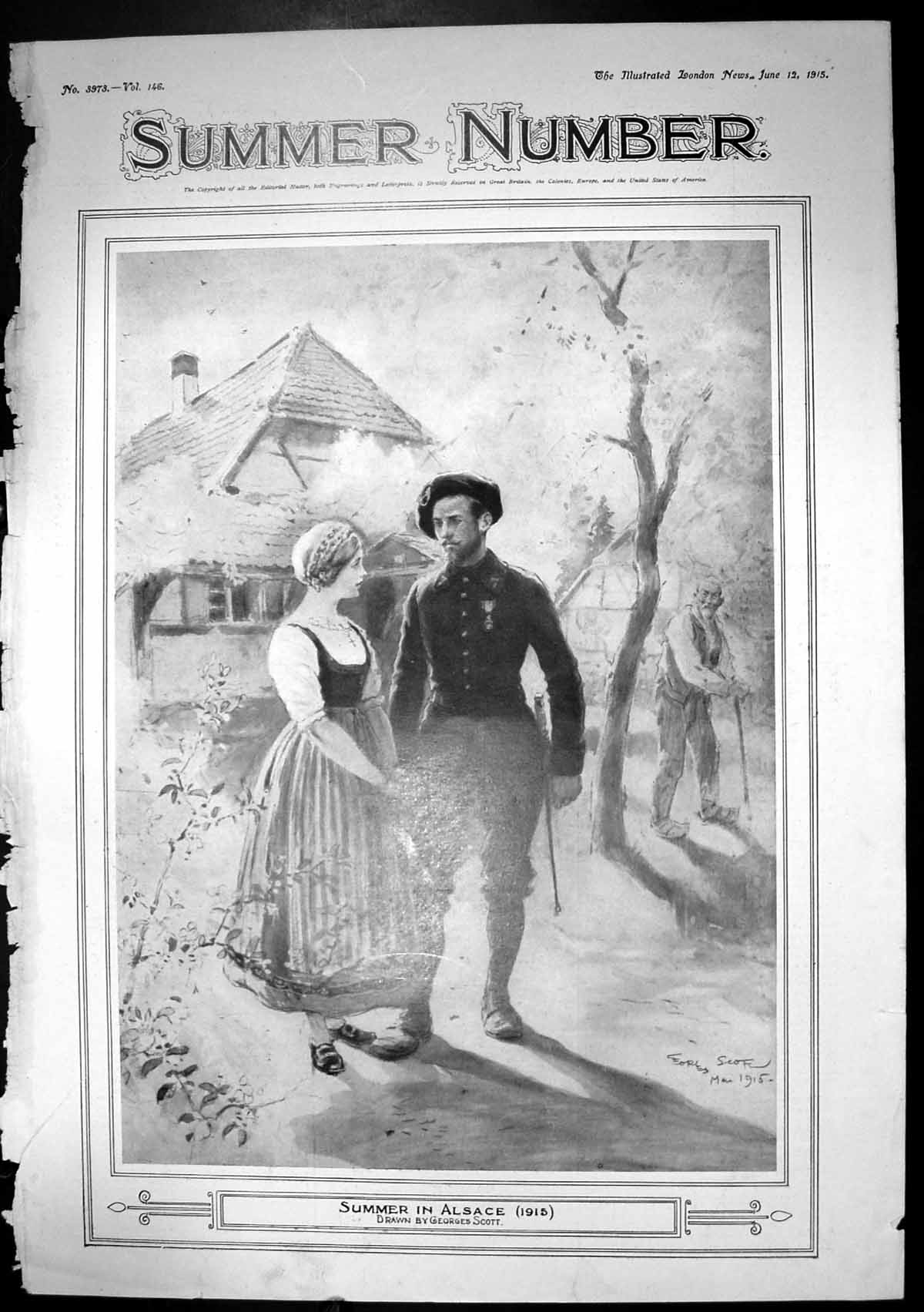 Original Old Antique Print Summer In Alsace Georges Scott Sier Sweetheart 1915