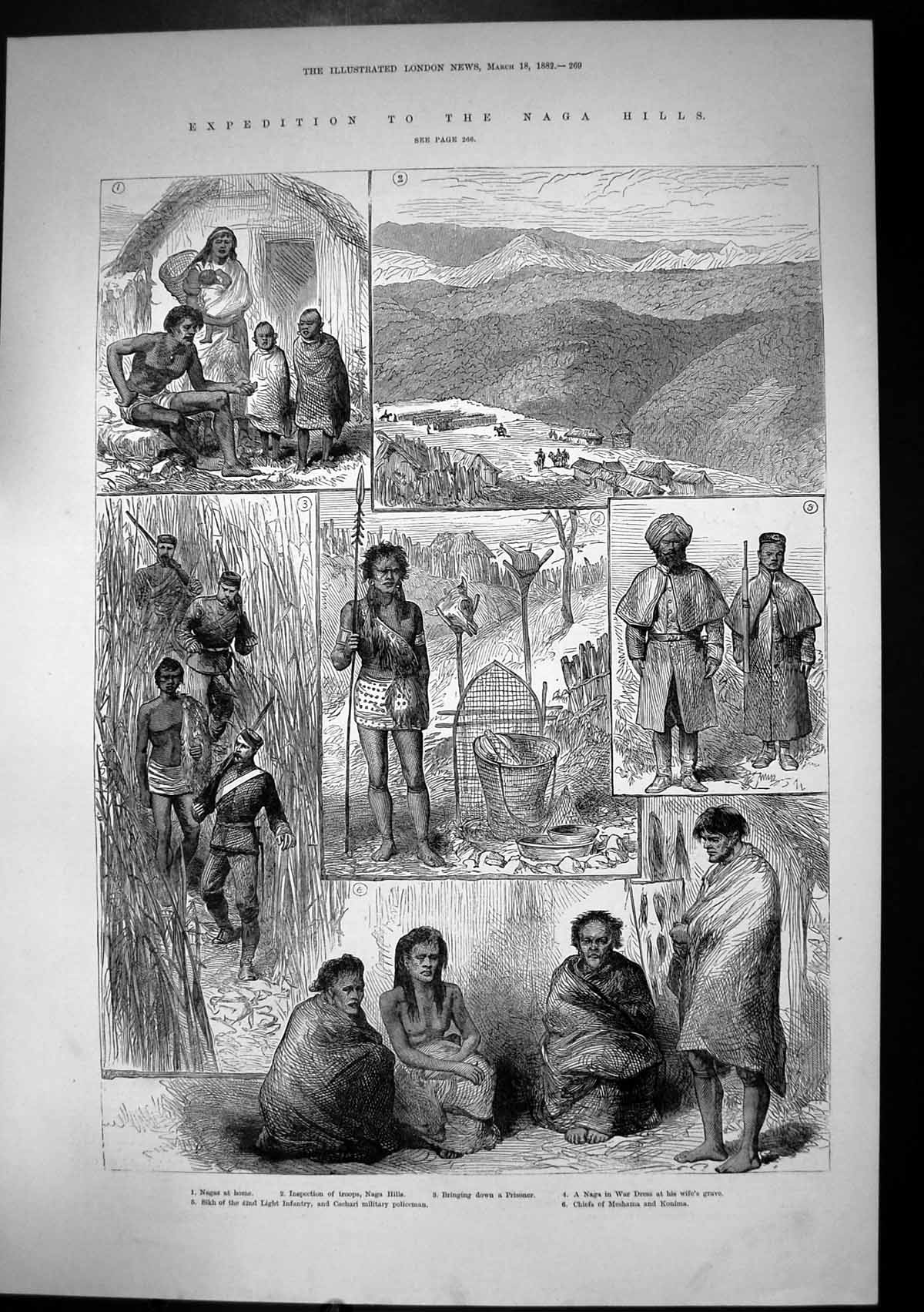 Antique Old Print Naga Hills War Dress Chiefs Meshama Konima Sikh Troops 1882
