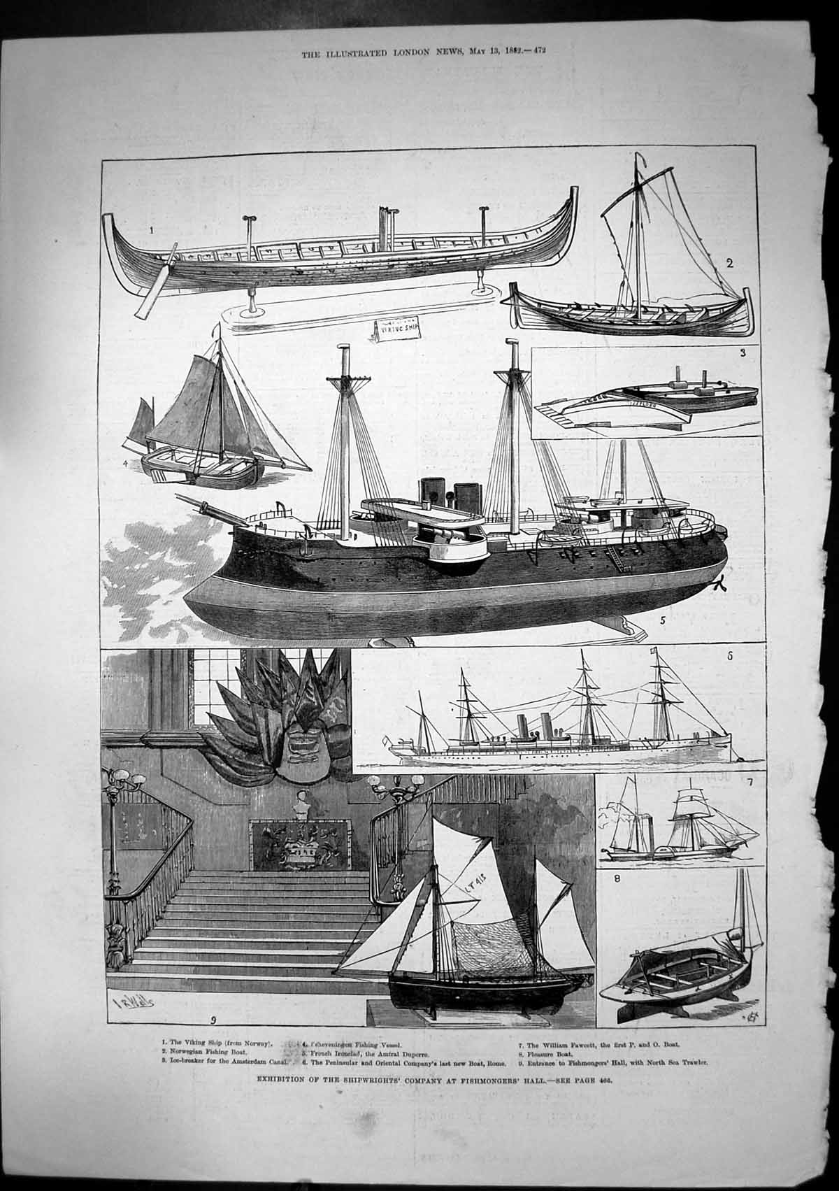 Antique Old Print Exhibition Shipwrights Company Fishmongers Hall Ships 1882