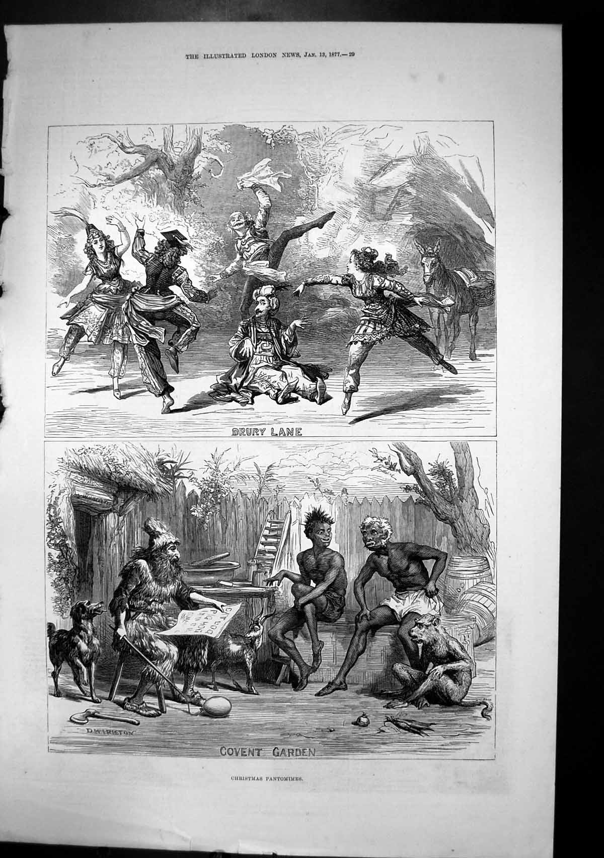 Original Old Antique Print Christmas Pantomines Drury Lane Covent Garden 1877