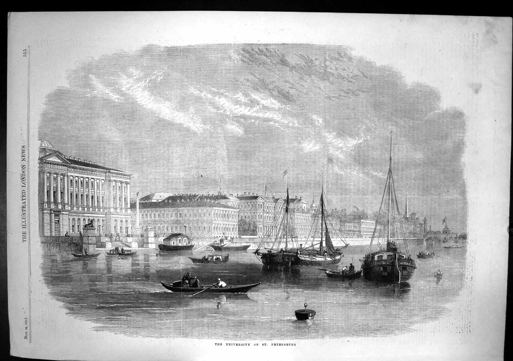 Original Old Antique Print University St Petersburg Boats On River 1861 19th