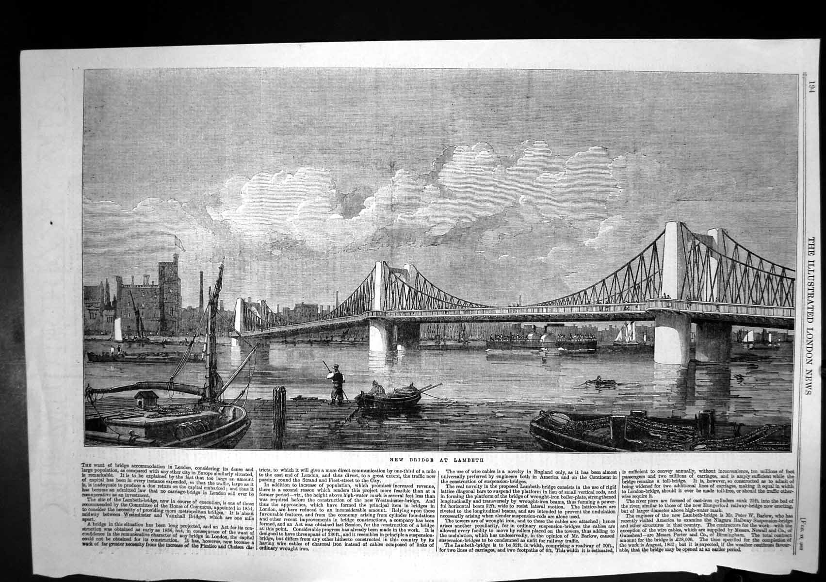 Original Old Antique Print New Bridge Lambeth Between Westminster Vauxhall 1862