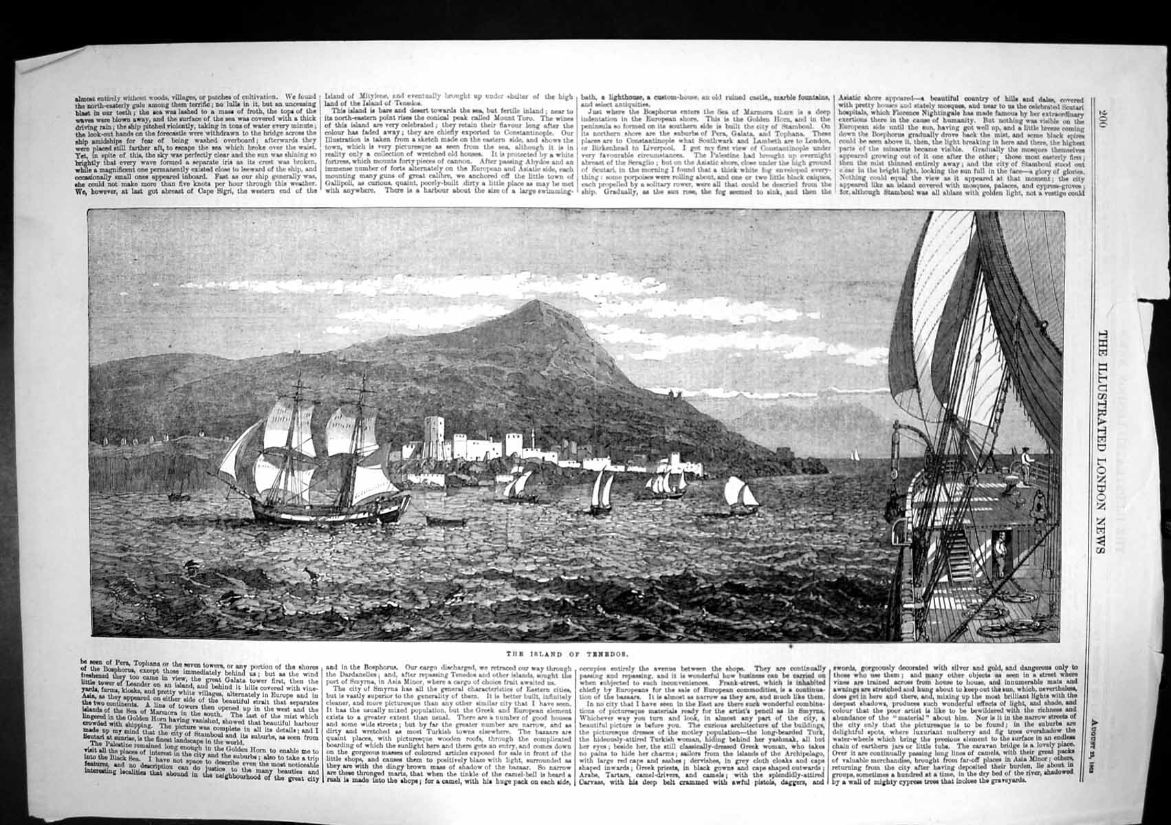 Original Old Antique Print Island Tennedos From Sea Yachts Boats Bay 1863 19th