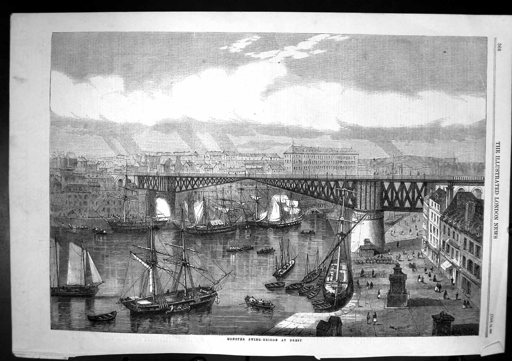 Original Old Antique Print Monster Swing Bridge Brestboats Sailing Under 1861