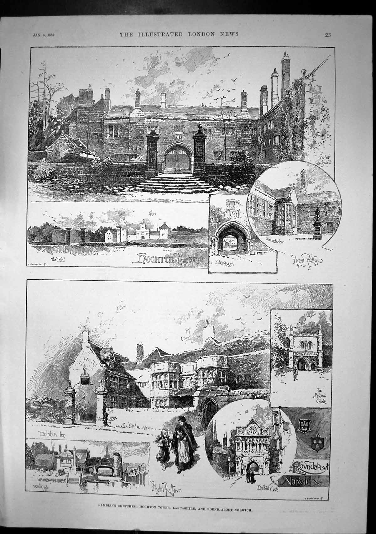 Antique Old Print Hoghton Tower Lancashire Around Norwich Ethelbert Gate1889