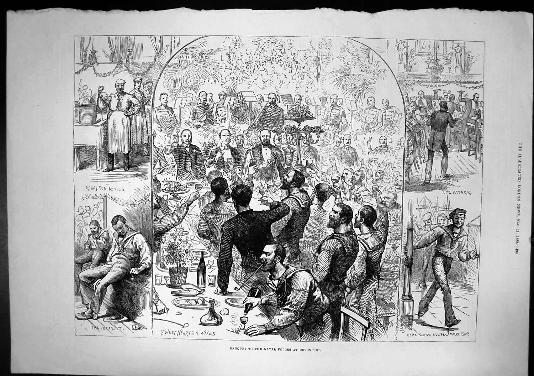 Old Antique Print Banquet Naval Forces Devonport Sweethearts Wives 1882 19th