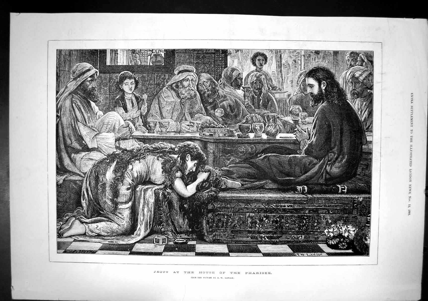 Original Old Antique Print Jesus House Pharisee Fw Lawson People Preying 1881