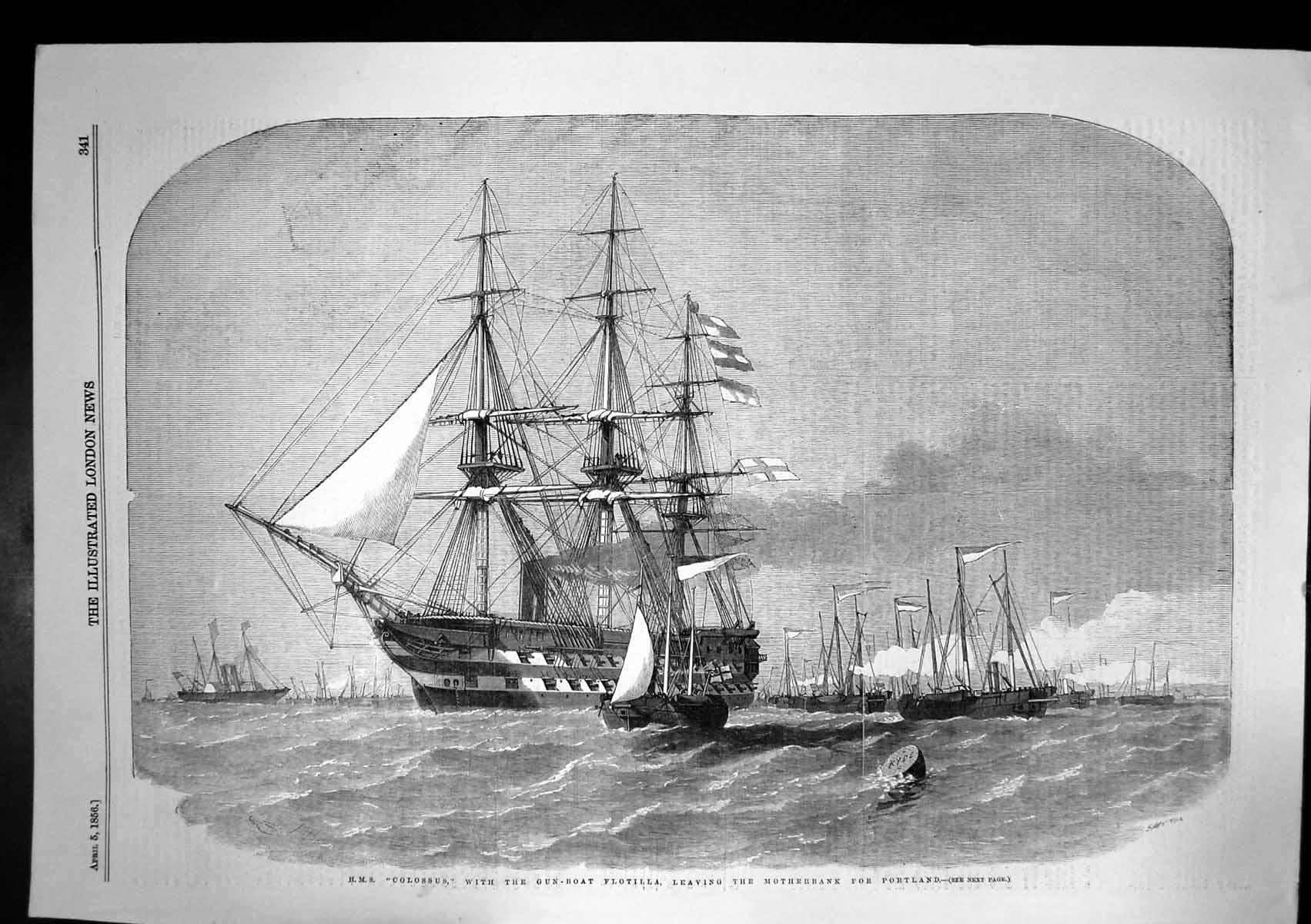 Old Antique Print Hms Colossus Gun Boat Flotilla Leaving Motherbank 1856 19th