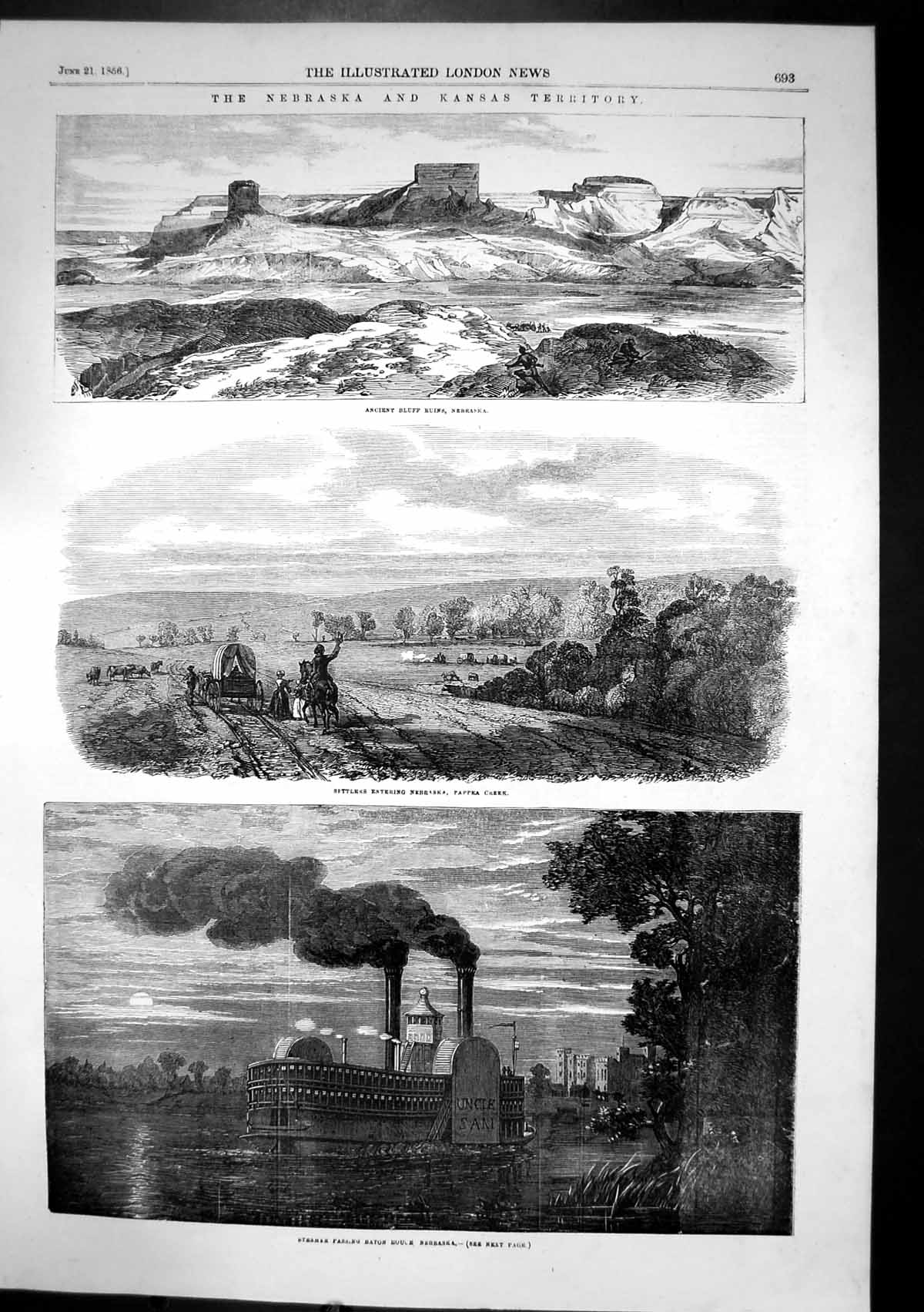 Antique Old Print Nebraska Bluff Ruins Pappea Creek Steamer Baton House 1856