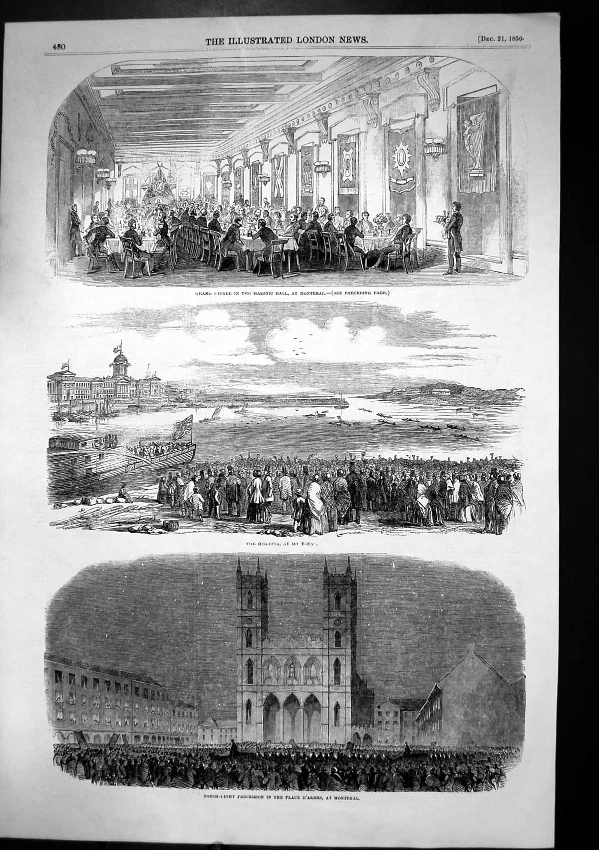 Antique Old Print Montreal Procession Place Darmes Regatta Masonic Hall 1850