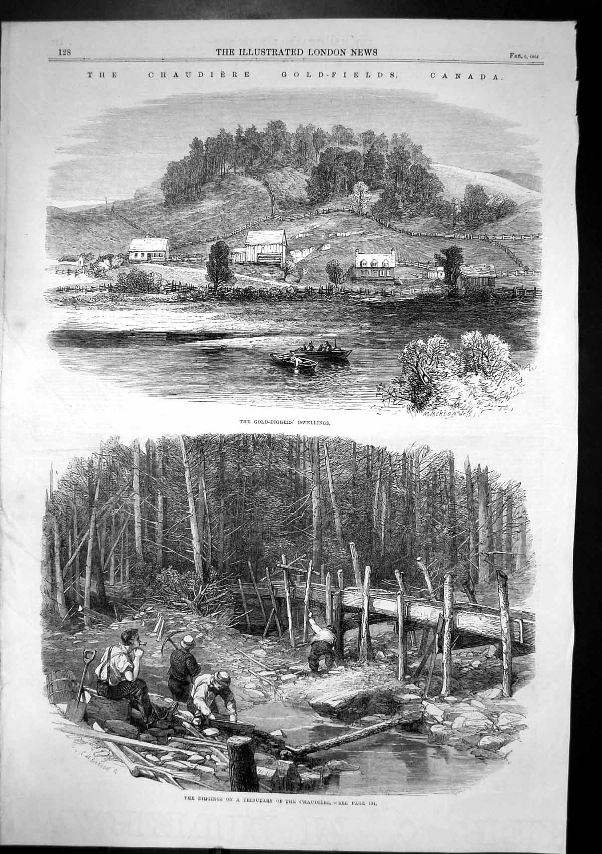 Original Old Antique Print Chaudiere Gfields Canada Dwellings Diggings 1864