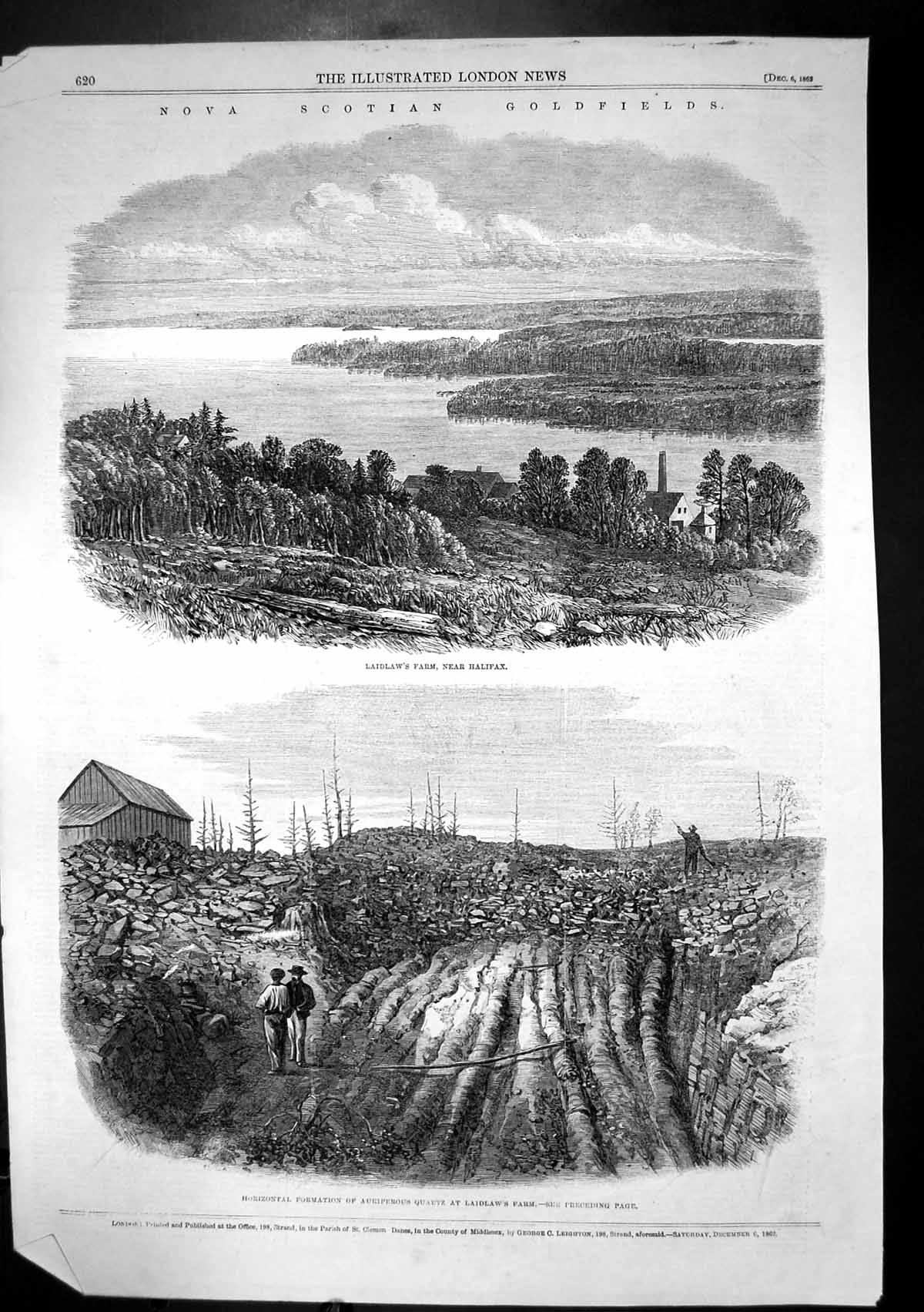 Antique Old Print Nova Scotia Gfields Auriferous Quartz Laidlaws Farm 1862 19th