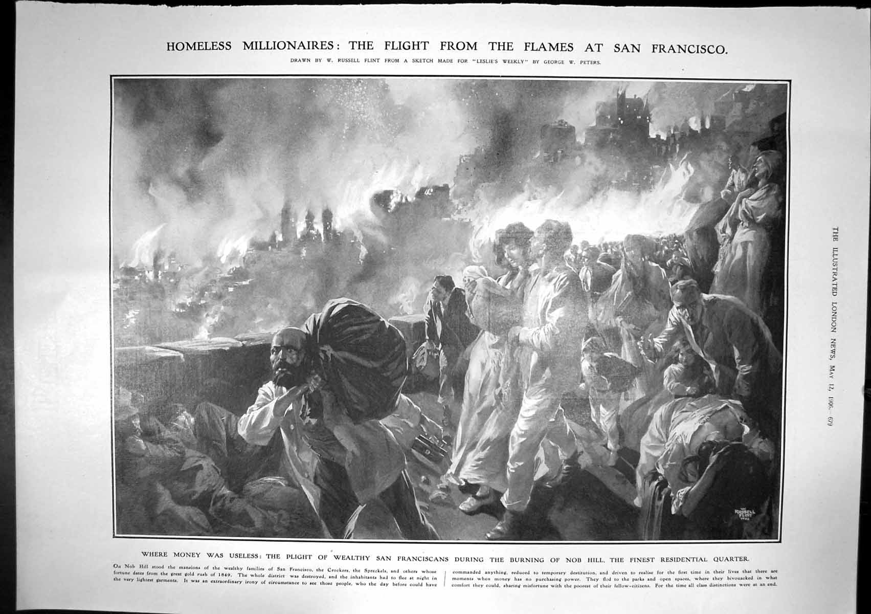 Original Old Antique Print Plight Wealthy San Franciscans Burning Nob Hill 1906