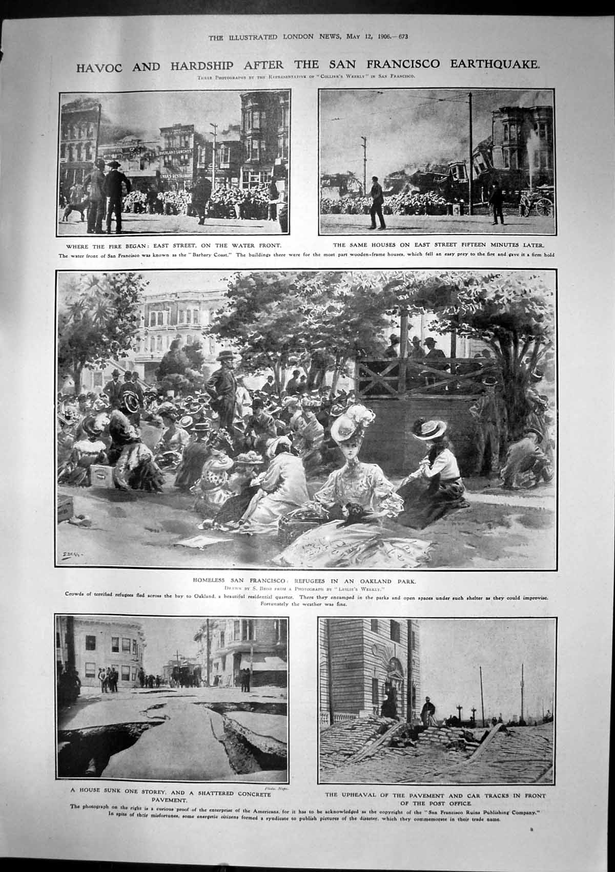 Original Old Antique Print San Francisco Earthquake Fire Homeless Refugees 1906