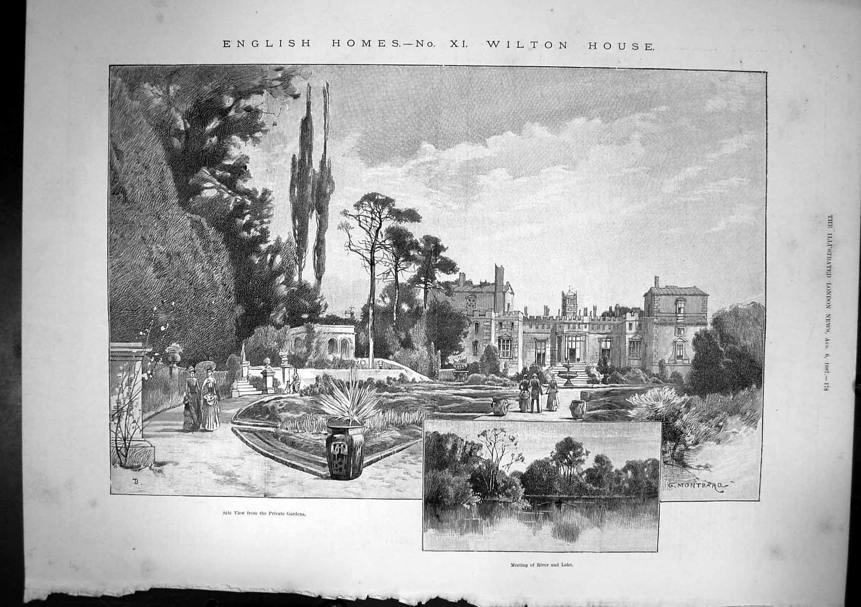 Antique Old Print English Homes X1 Wilton House View Gardens River Lake 1887