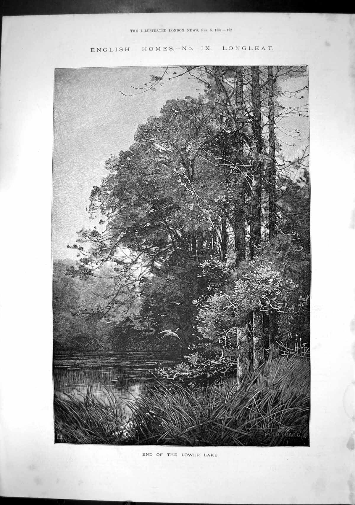 Original Old Antique Print English Homes No 1X Longleat End Lower Lake 1887