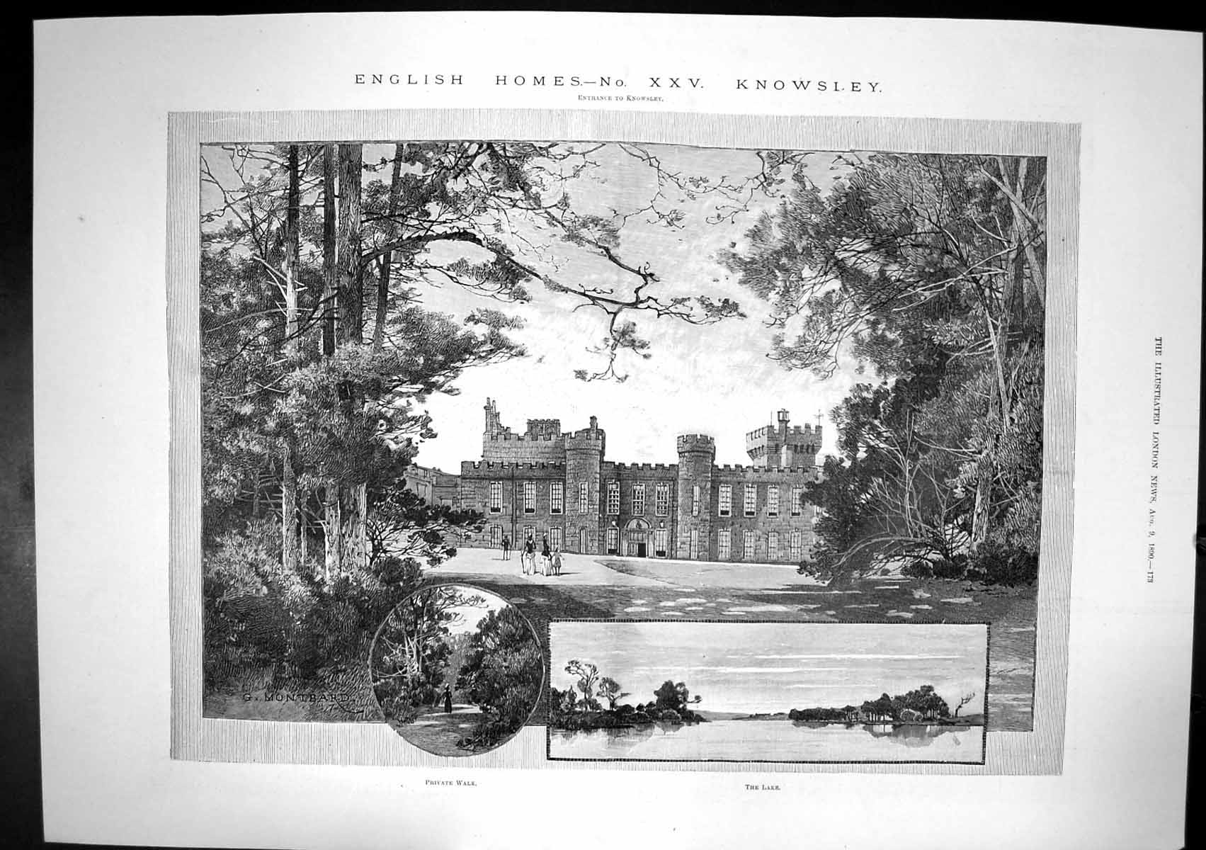Original Old Antique Print English Homes No Xxv Knowsley Lake Private Walk 1890