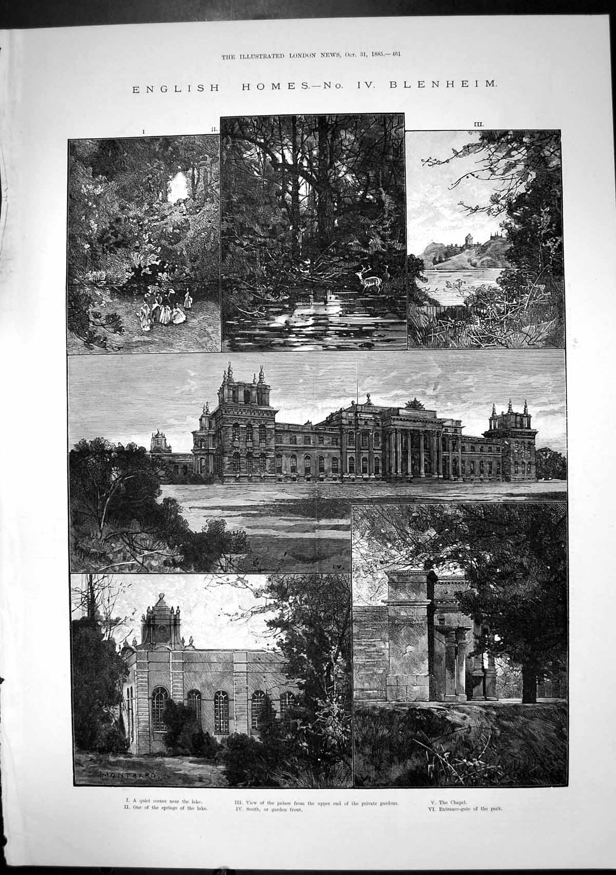 Antique Old Print English Homes Iv Blenheim Palace Chapel Lake Gardens 1885
