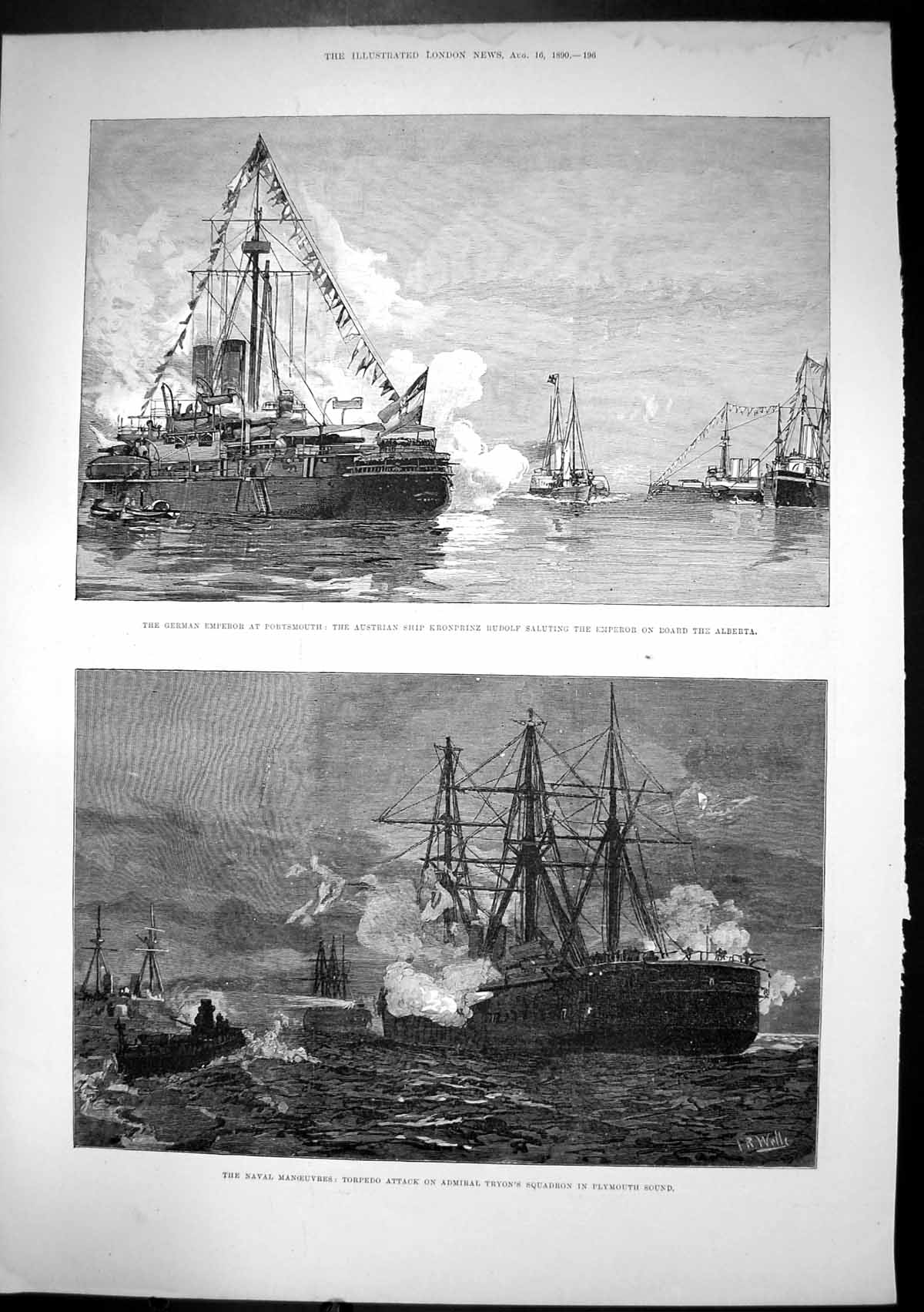 Old Antique Print Attack Tryons Squadron Plymouth Kronprinz Rudolph 1890 19th