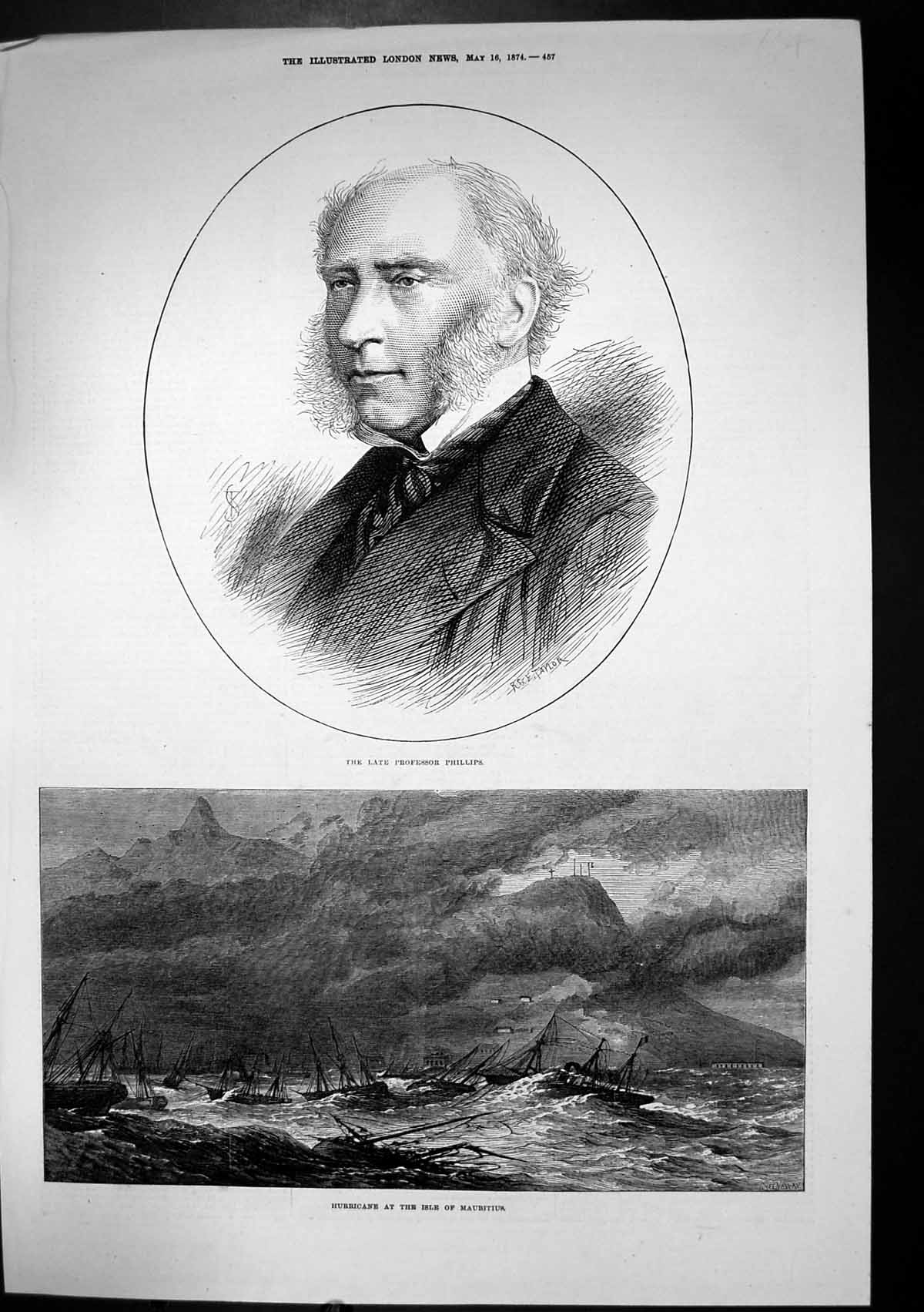Antique Old Print Hurricane Isle Mauritius Ships Late Professor Phillips 1874