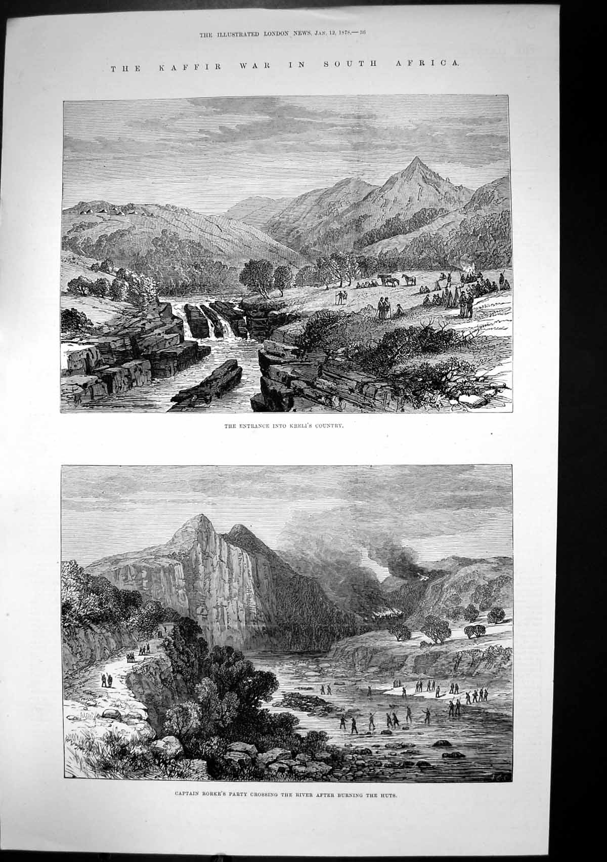Antique Old Print Kaffir War Rorkes Party Burning Huts Krelis Country 1878 19th