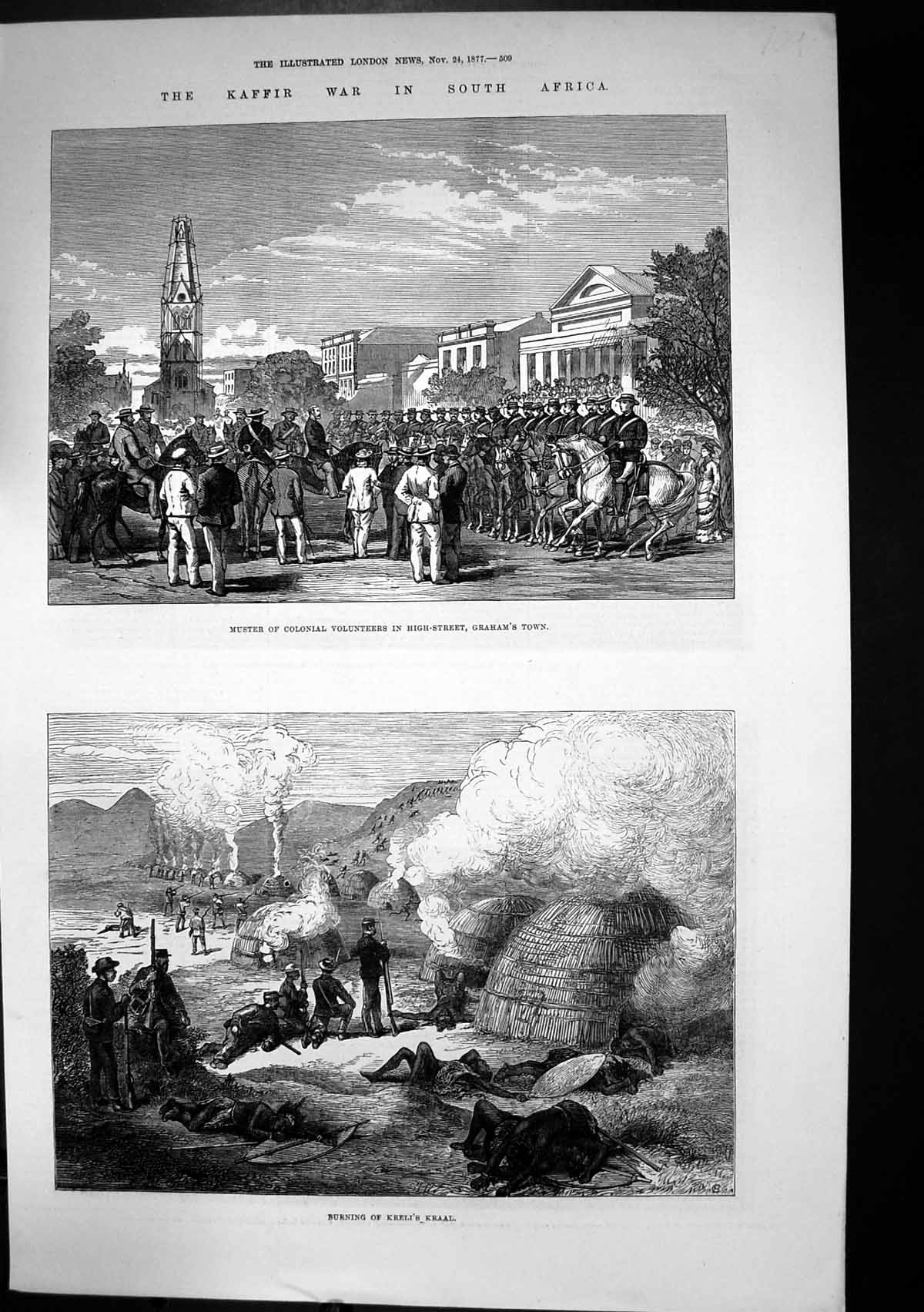 Antique Print Burning Krelis Kraal Colonial Volunteers Muster Grahams 1877 19th
