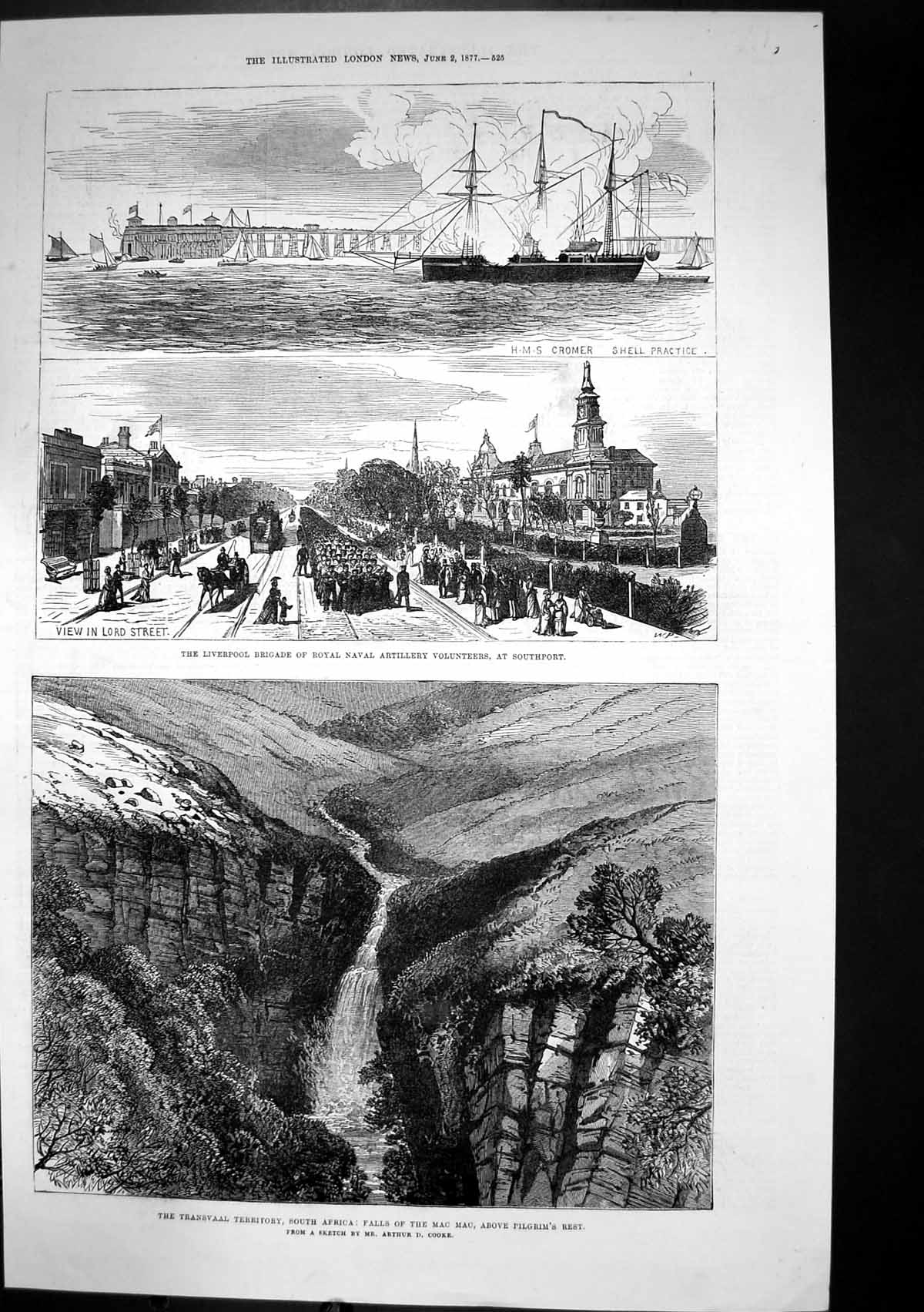 Antique Old Print Southport Naval Artillery Falls Mac Mac Pilgrims Rest 1877