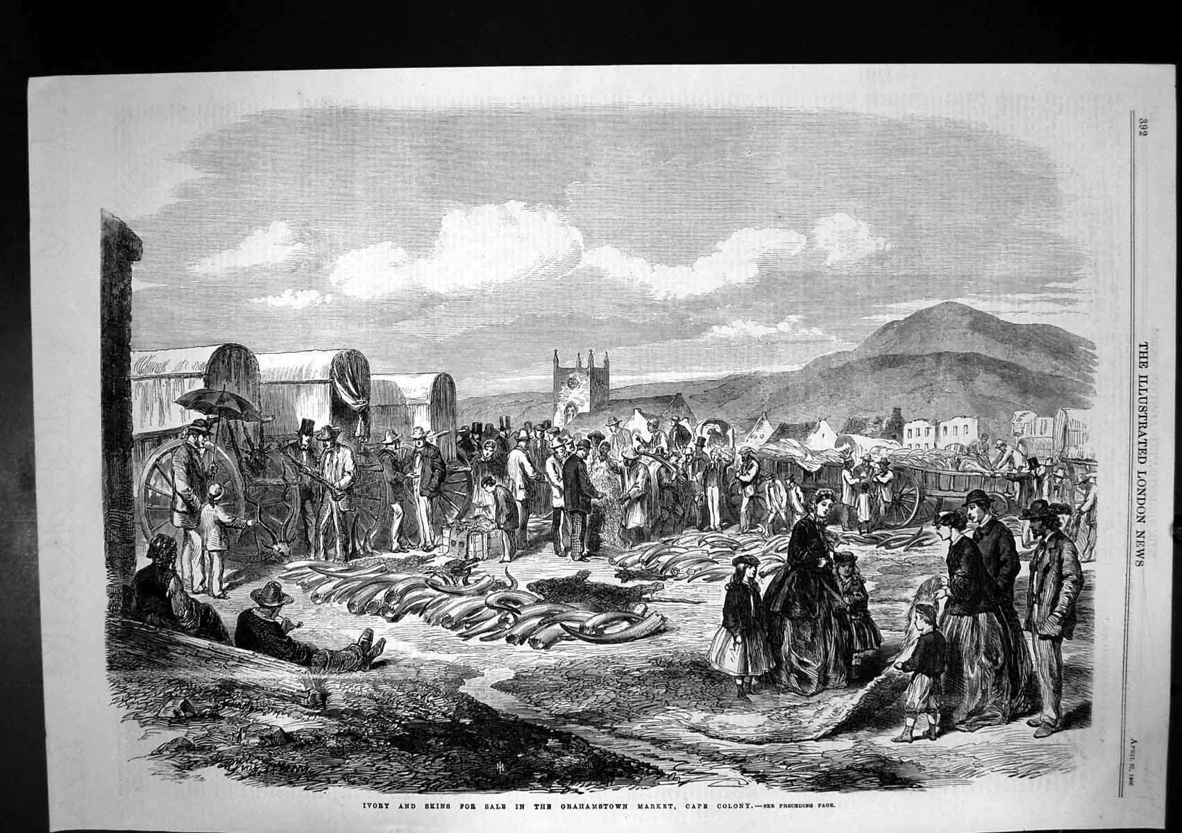 Original Old Antique Print Ivory Skins Grahamstown Market Cape Colony 1866 19th