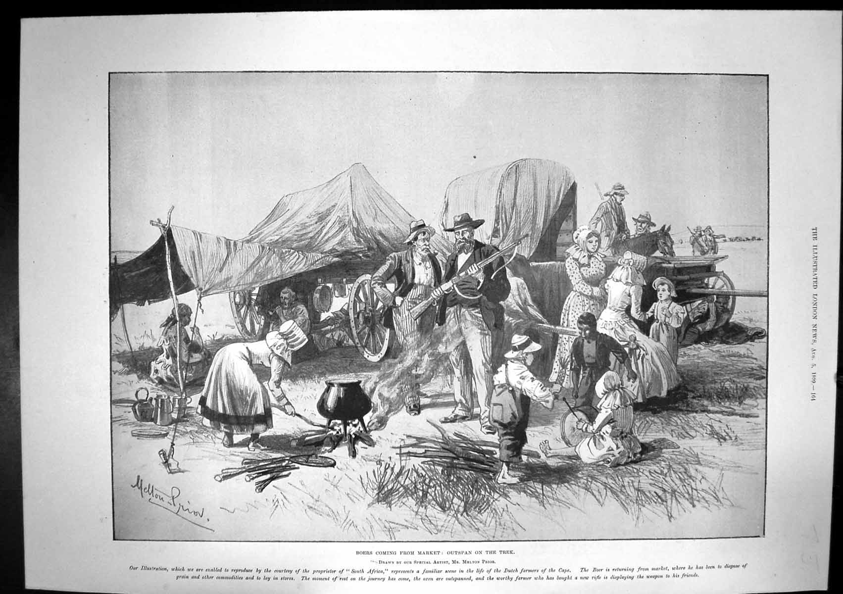 Antique Old Print Boers Coming From Market Outspan On Trek Rifle Fire 1899 19th