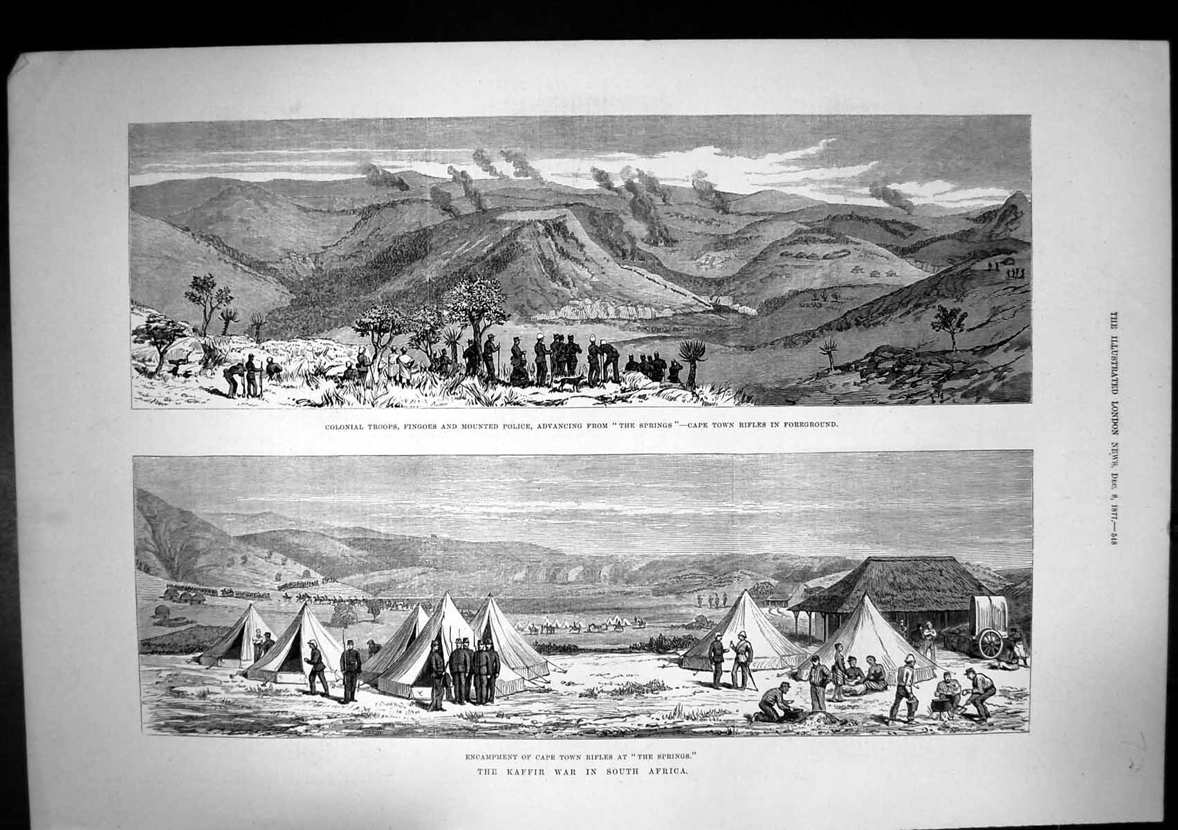 Antique Old Print Encampment Cape Town Rifles Colonial Troops Fingoes 1877 19th