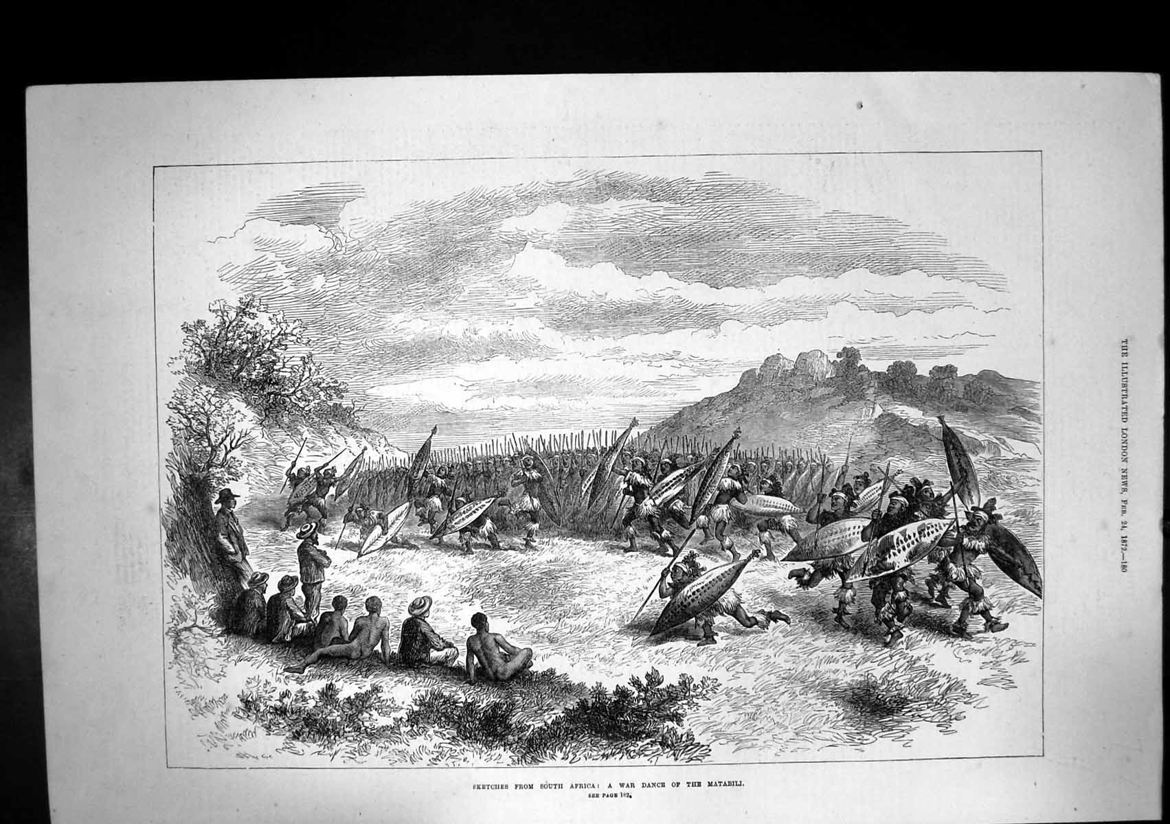 Original Old Antique Print War Dance Matabili Tribe South Africa Spears 1872