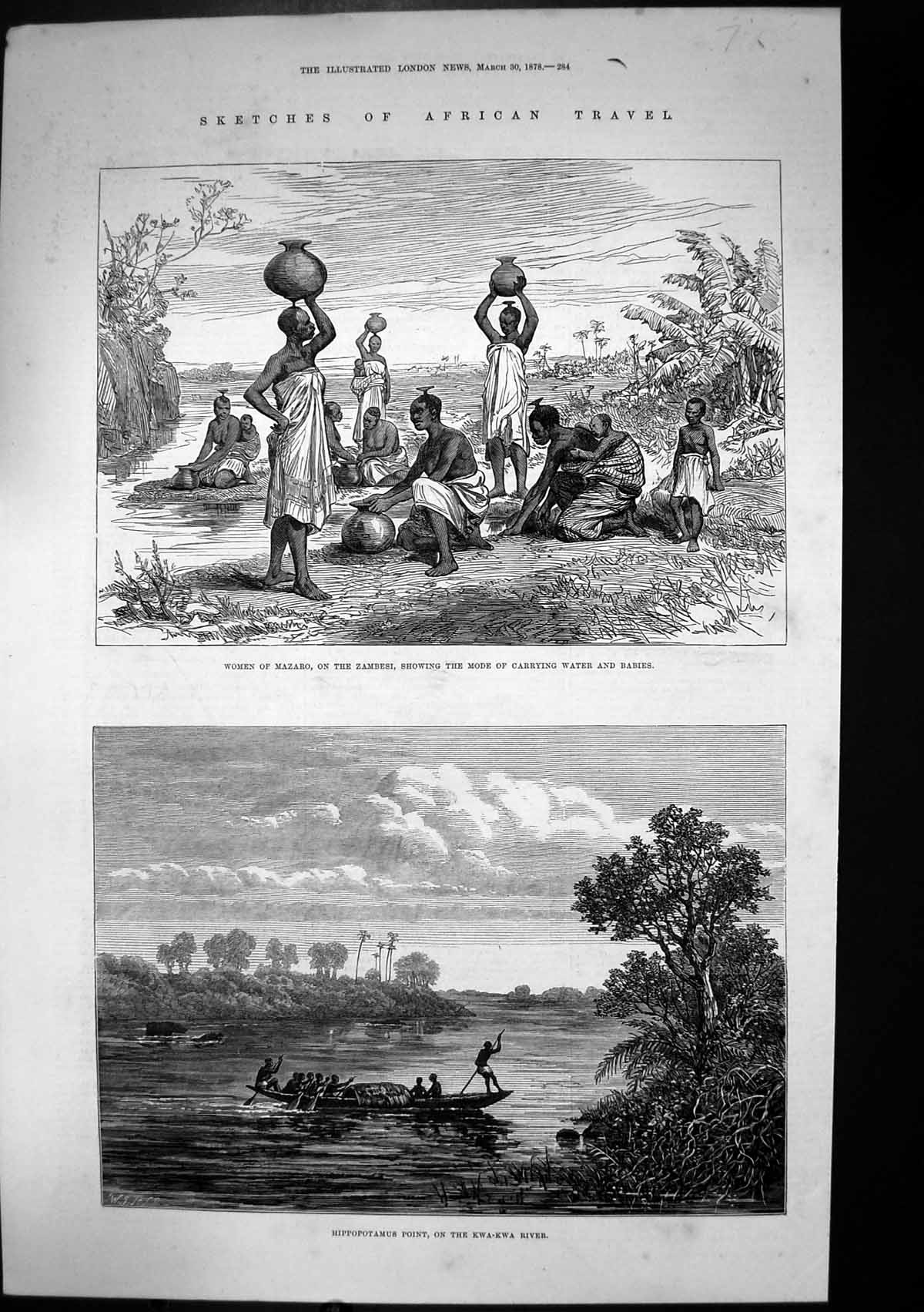 Antique Old Print Hippopotamus Point Kwa Kwa River Mazaro Women Carrying 1878
